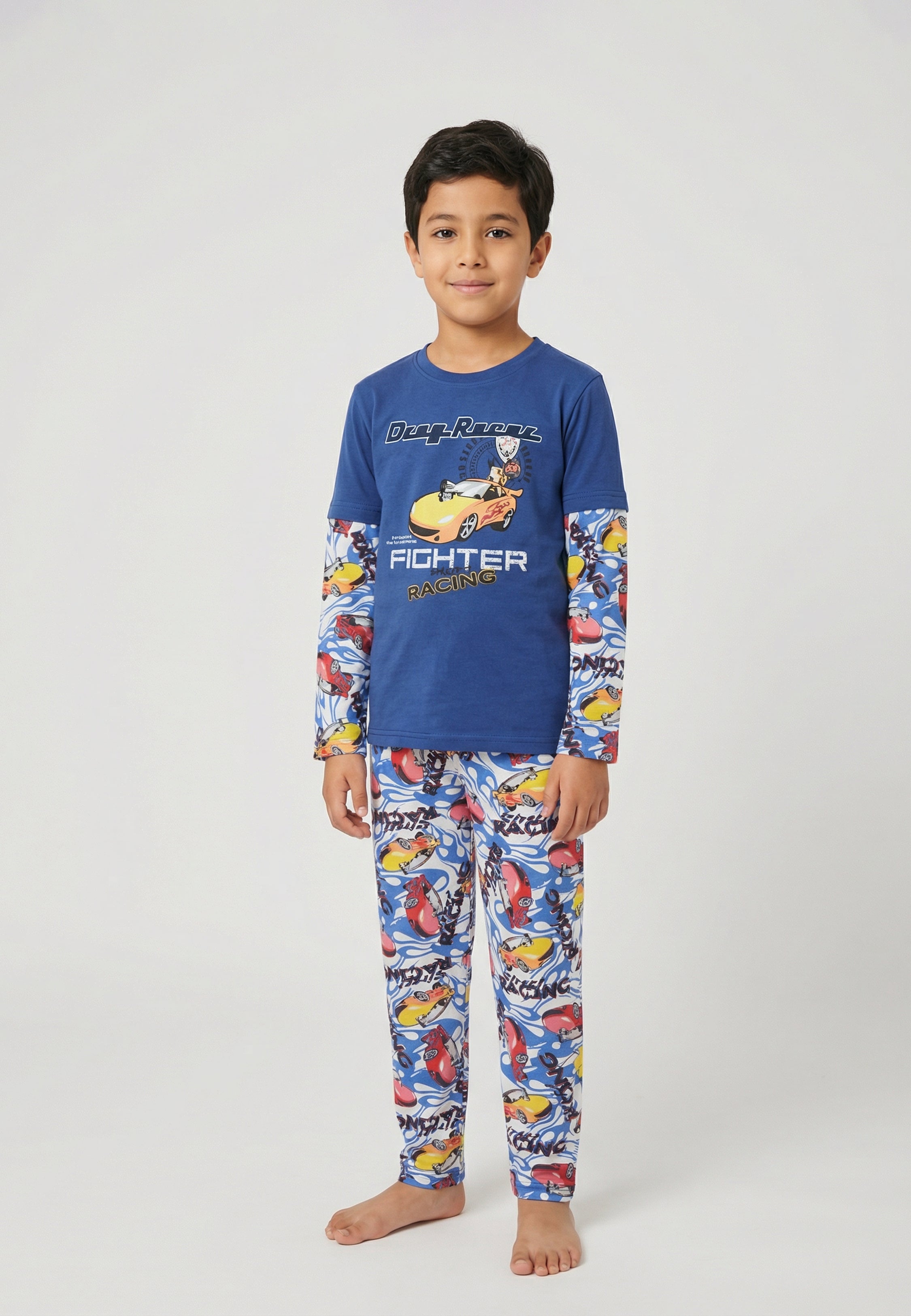 Pyjama garçon bleu racing en coton, ensemble 2 pièces manches longues avec pantalon imprimé voitures colorées
