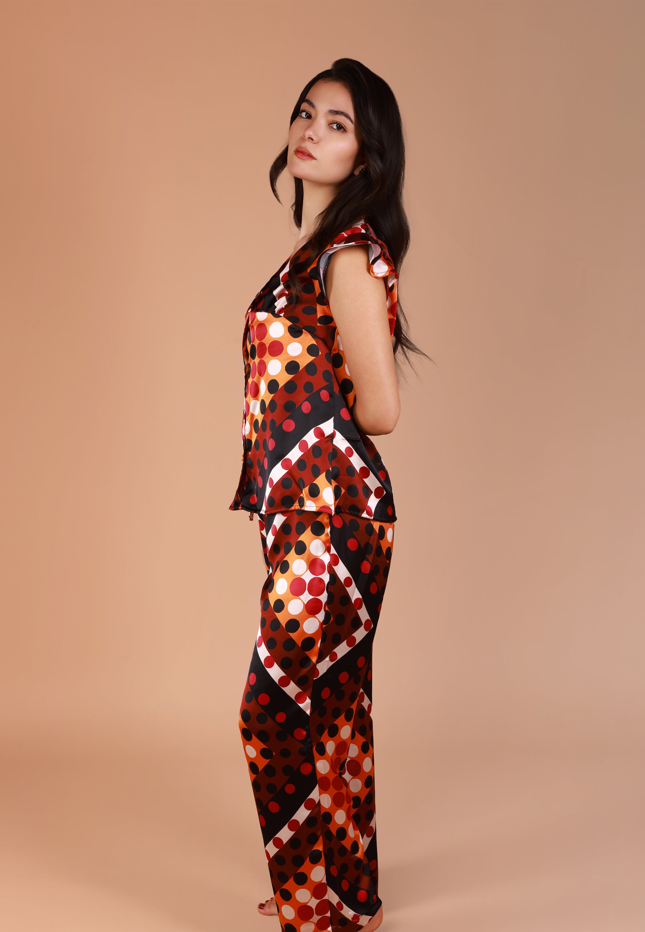 Ensemble pyjama en satin imprimé pois contrastés | Collection GÉOMÉTRIQUE