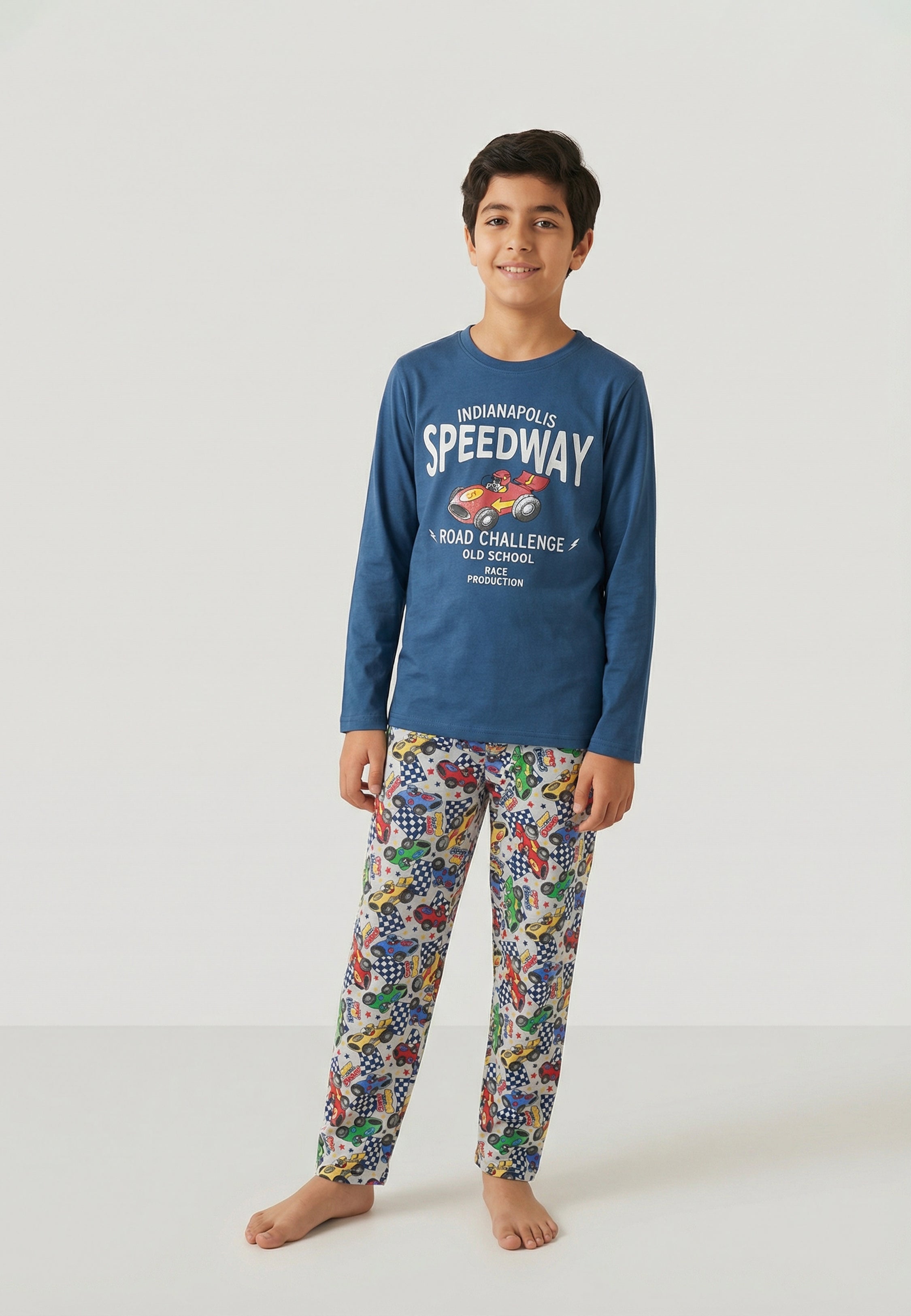 Pyjama garçon bleu Speedway en coton, ensemble 2 pièces manches longues avec pantalon imprimé voitures racing