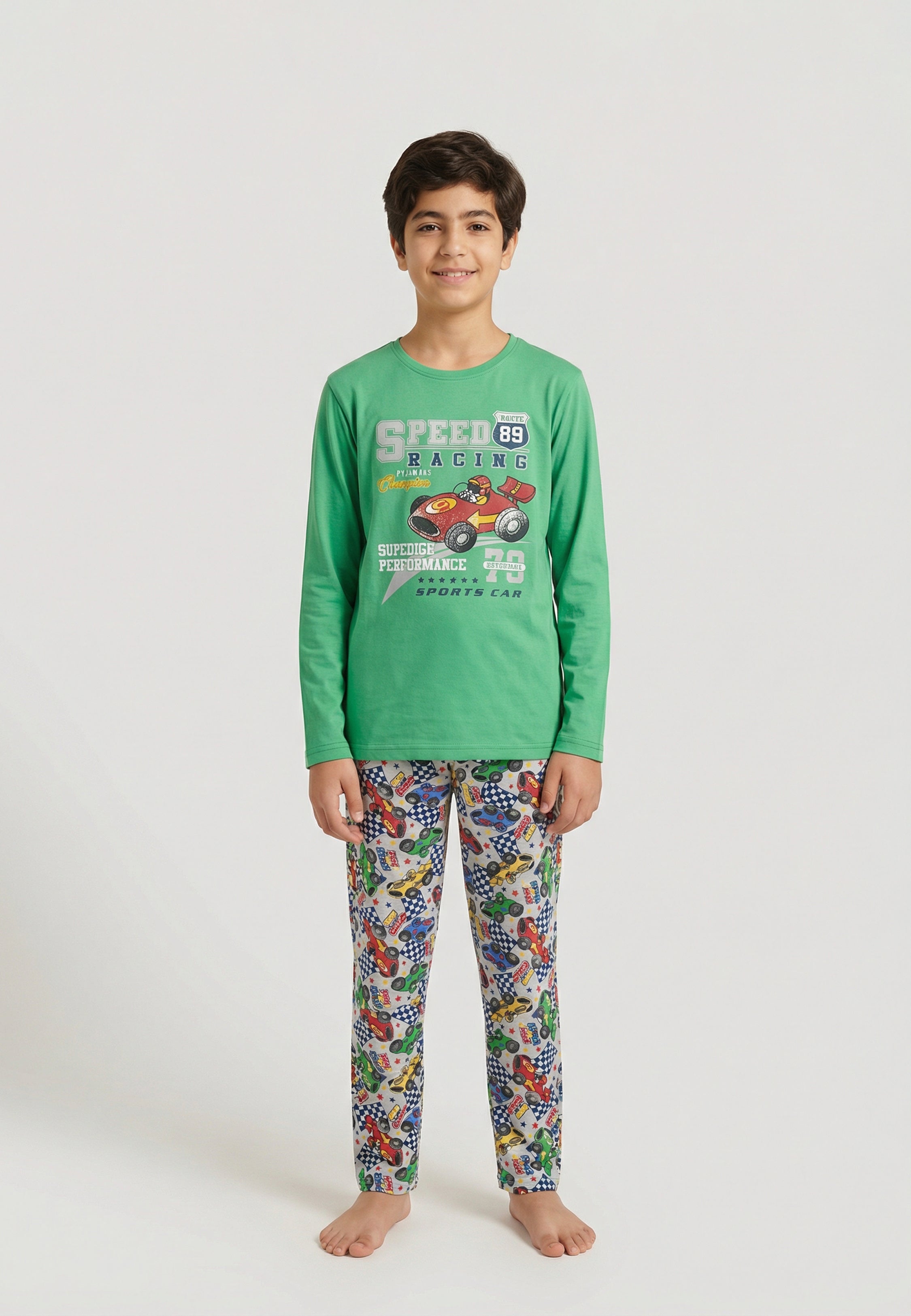 Pyjama garçon vert Speed Racing en coton, ensemble 2 pièces manches longues avec pantalon imprimé voitures colorées