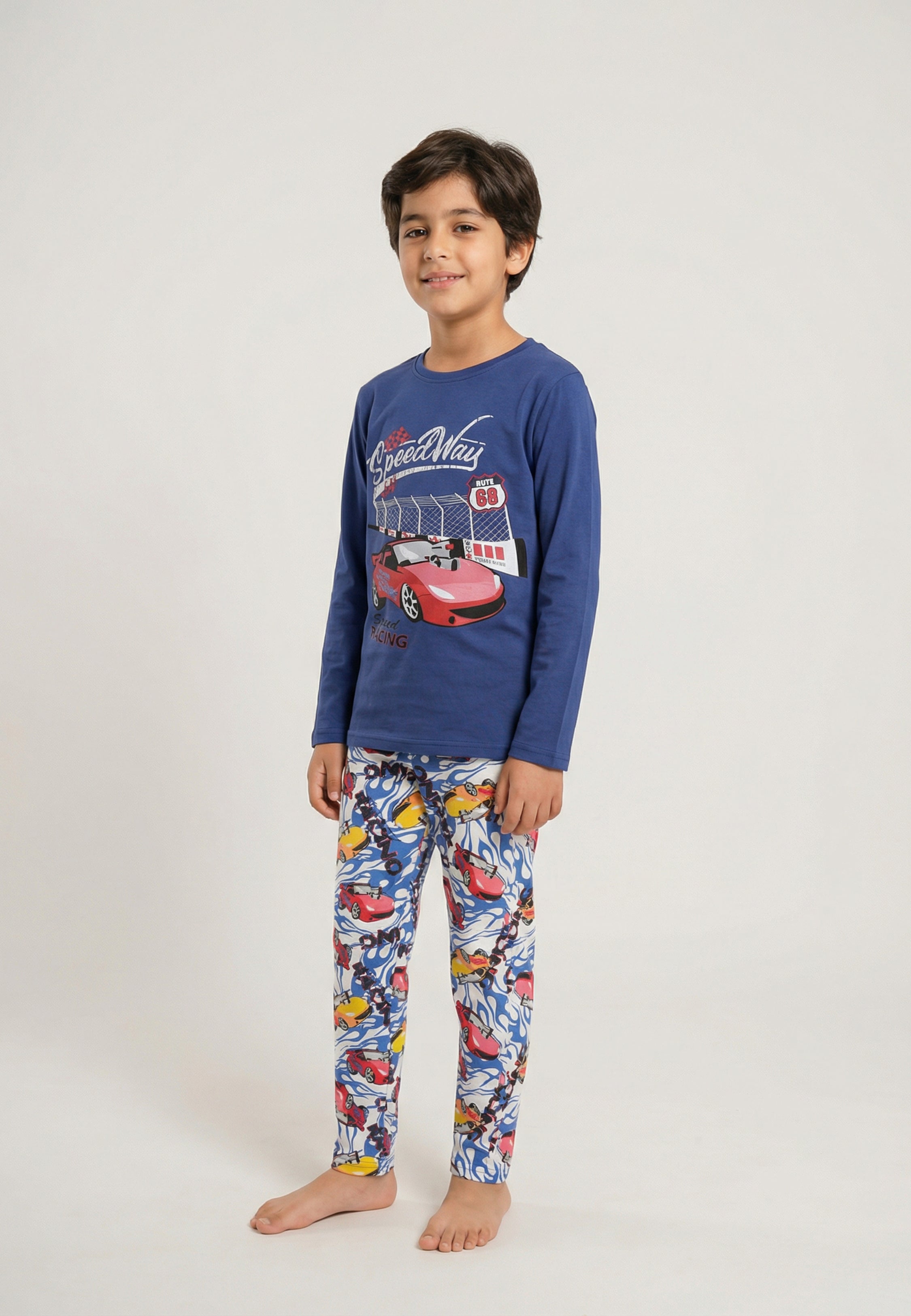 Pyjama garçon bleu SpeedWay en coton, ensemble 2 pièces manches longues avec pantalon imprimé voitures racing