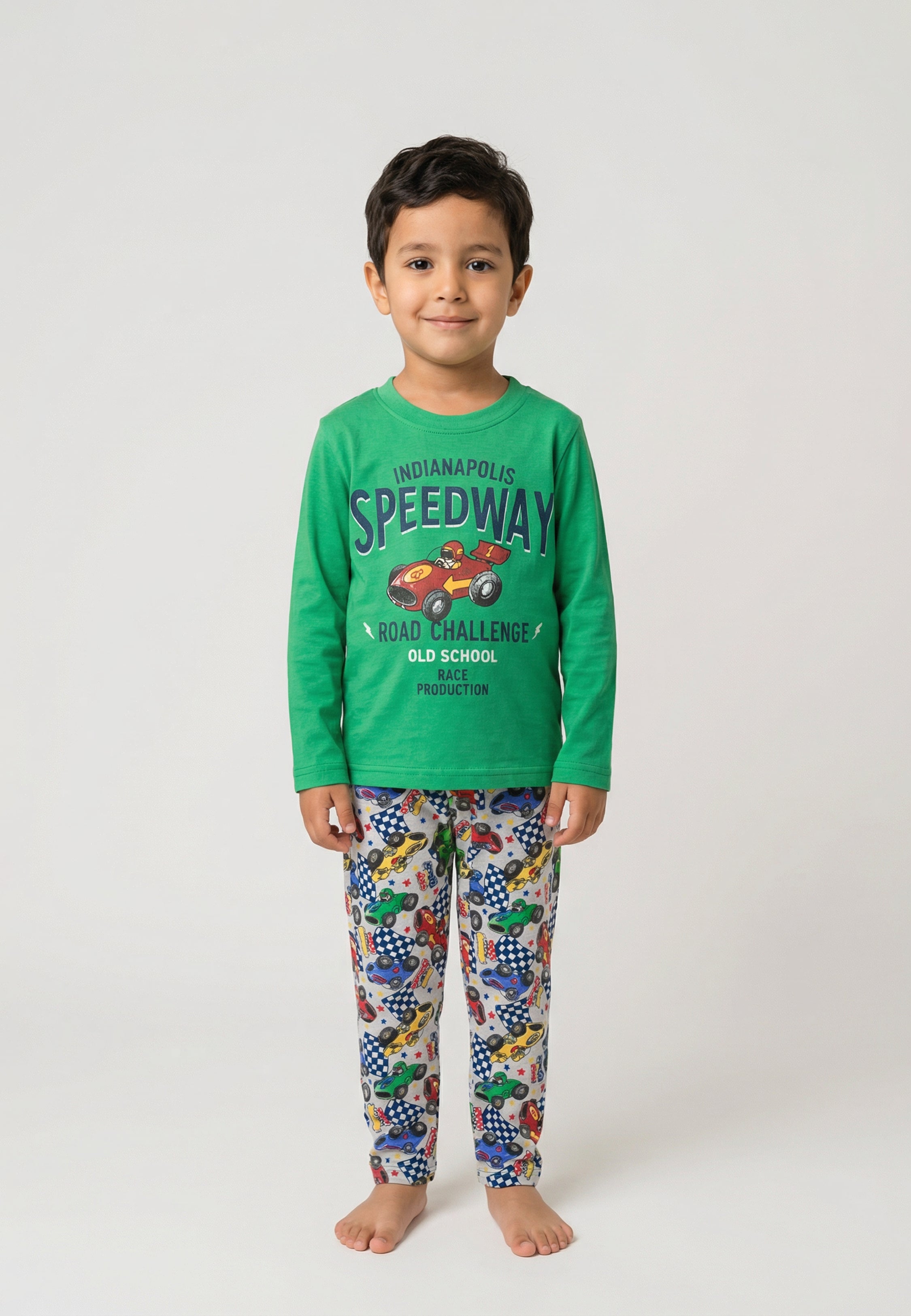 Pyjama garçon vert Speedway en coton, ensemble 2 pièces manches longues avec pantalon motif voitures colorées