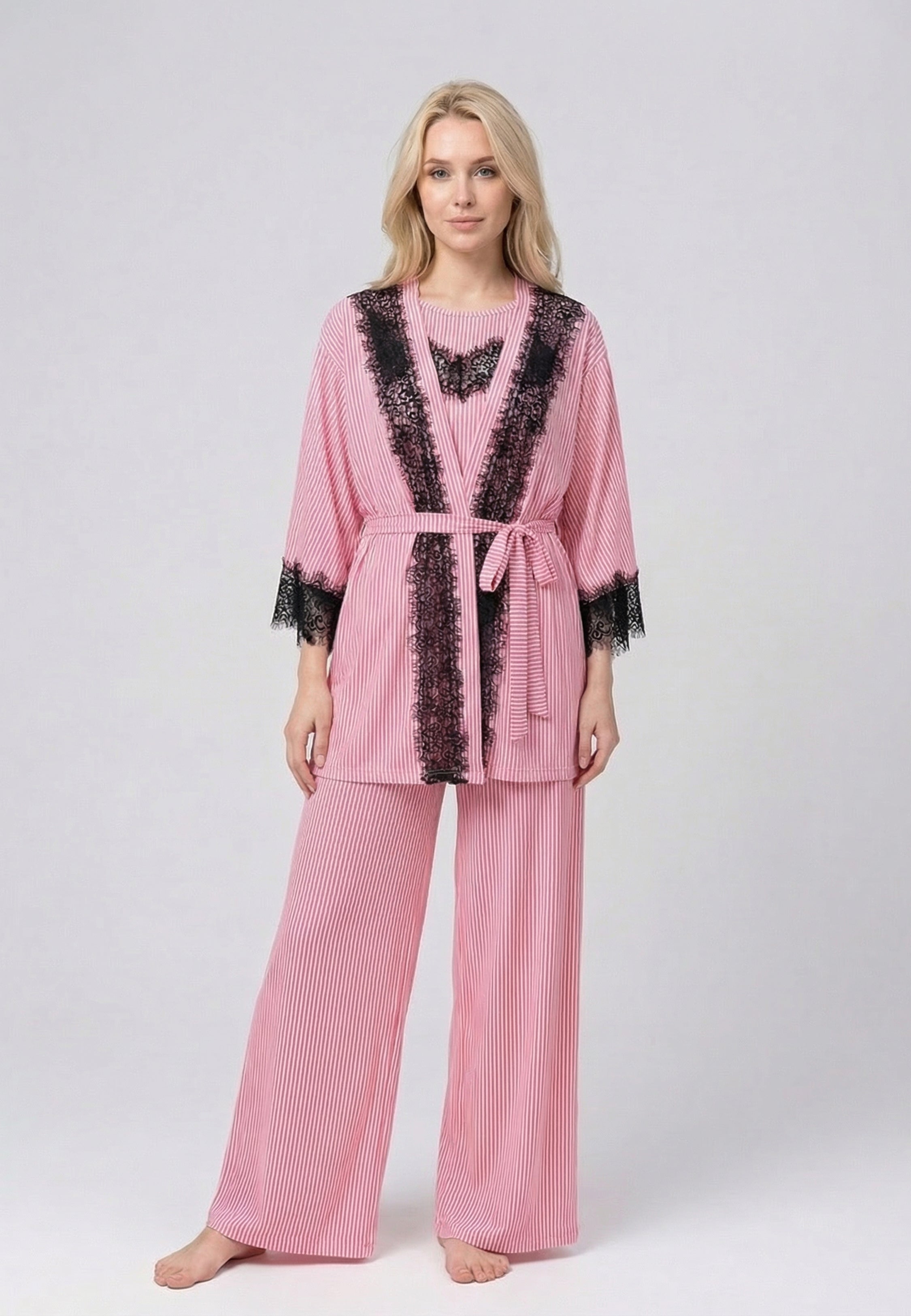 Ensemble Pyjama Femme Rayé avec Kimono Dentelle