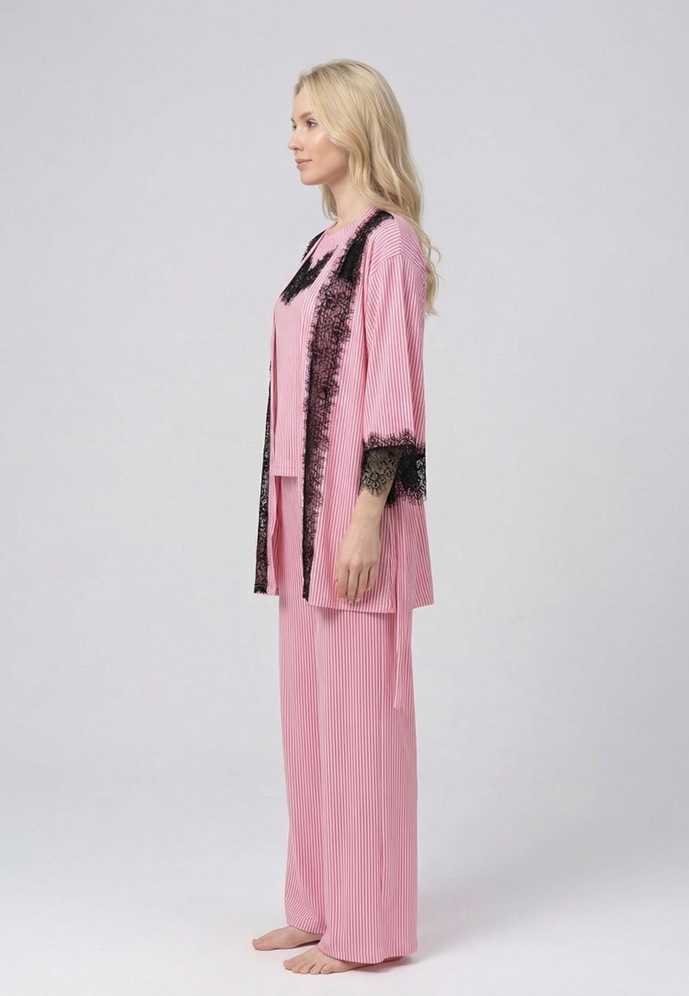 Ensemble Pyjama Femme Rayé avec Kimono Dentelle