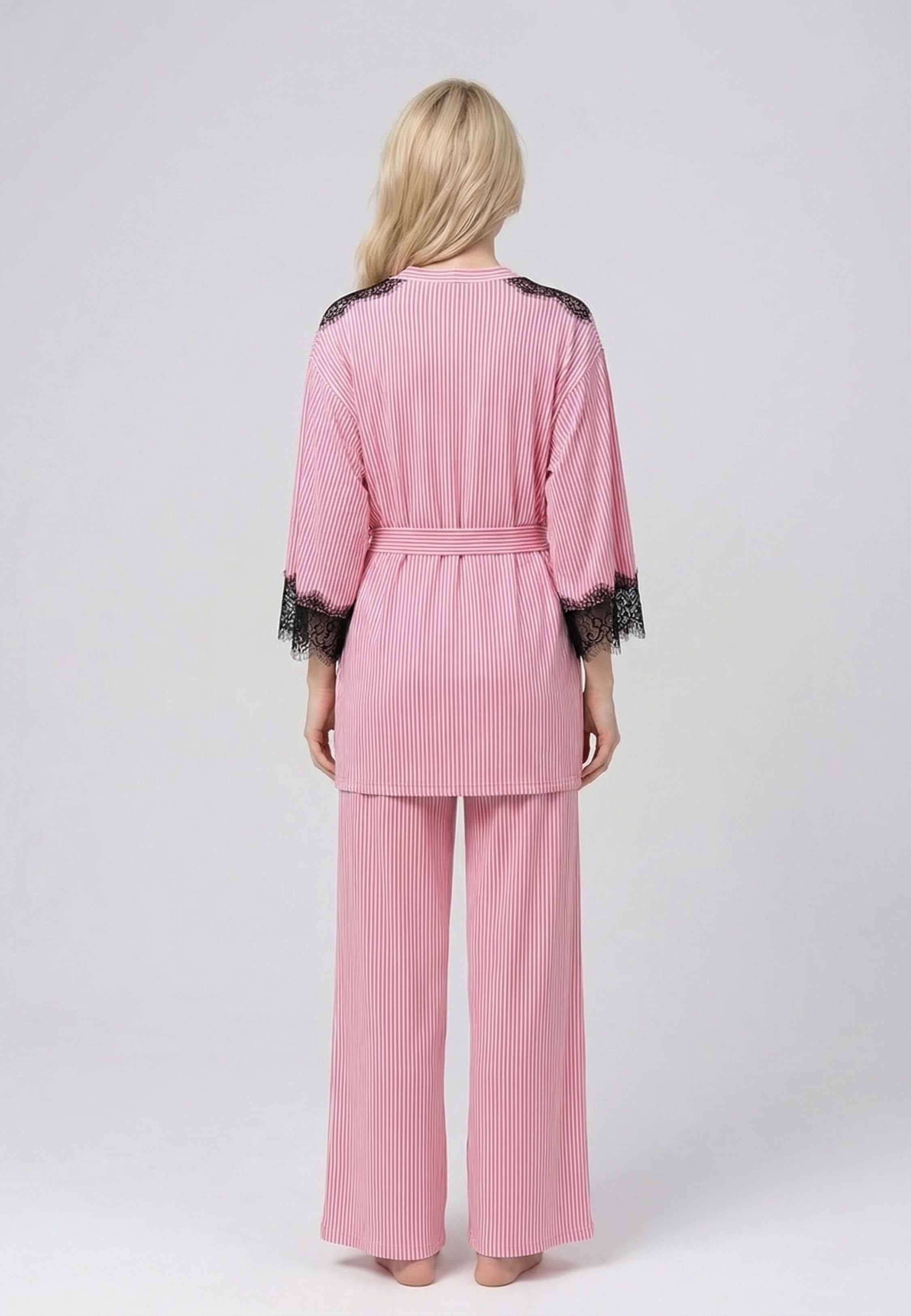 Ensemble Pyjama Femme Rayé avec Kimono Dentelle