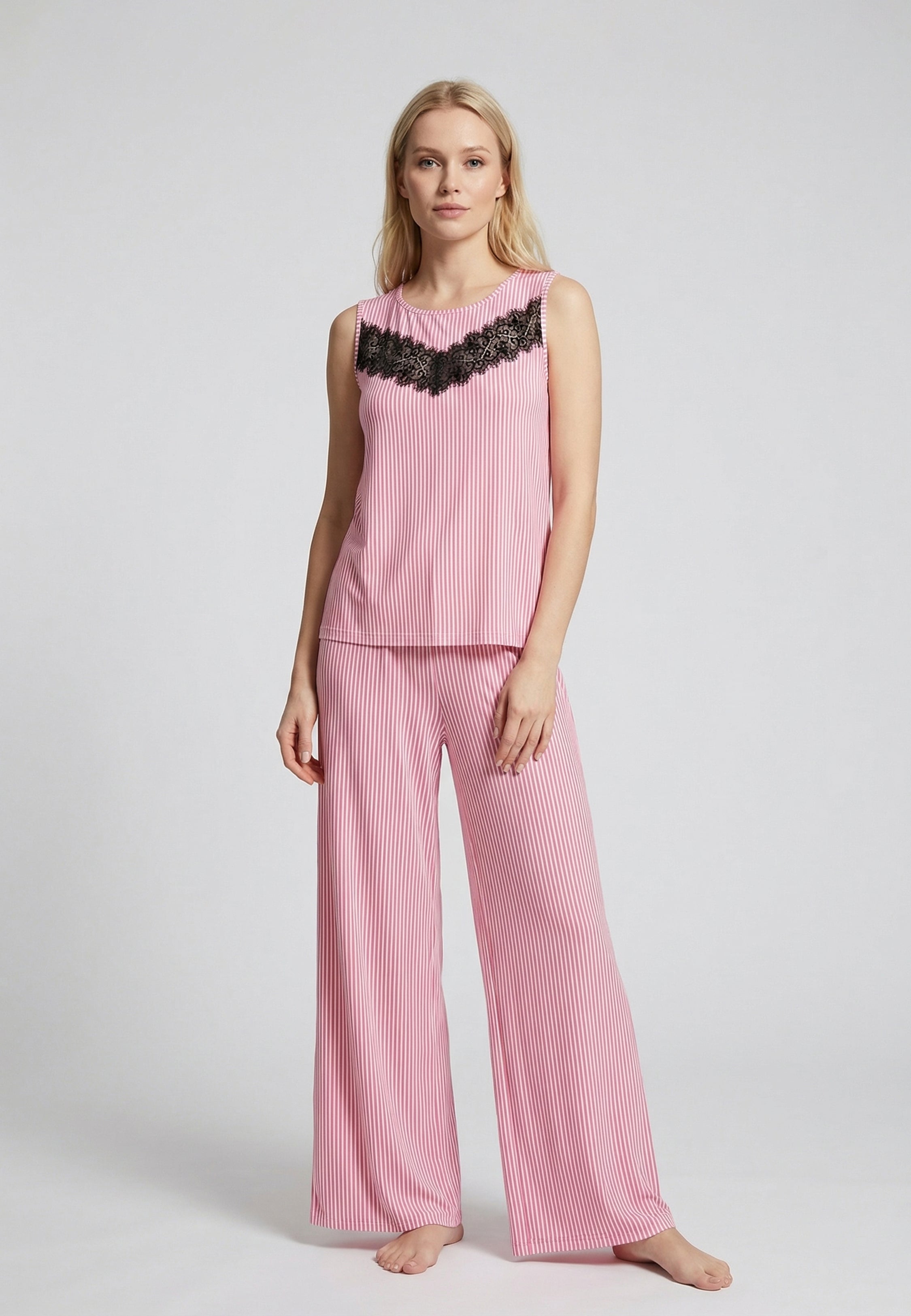 Ensemble Pyjama Femme Rayé avec Kimono Dentelle