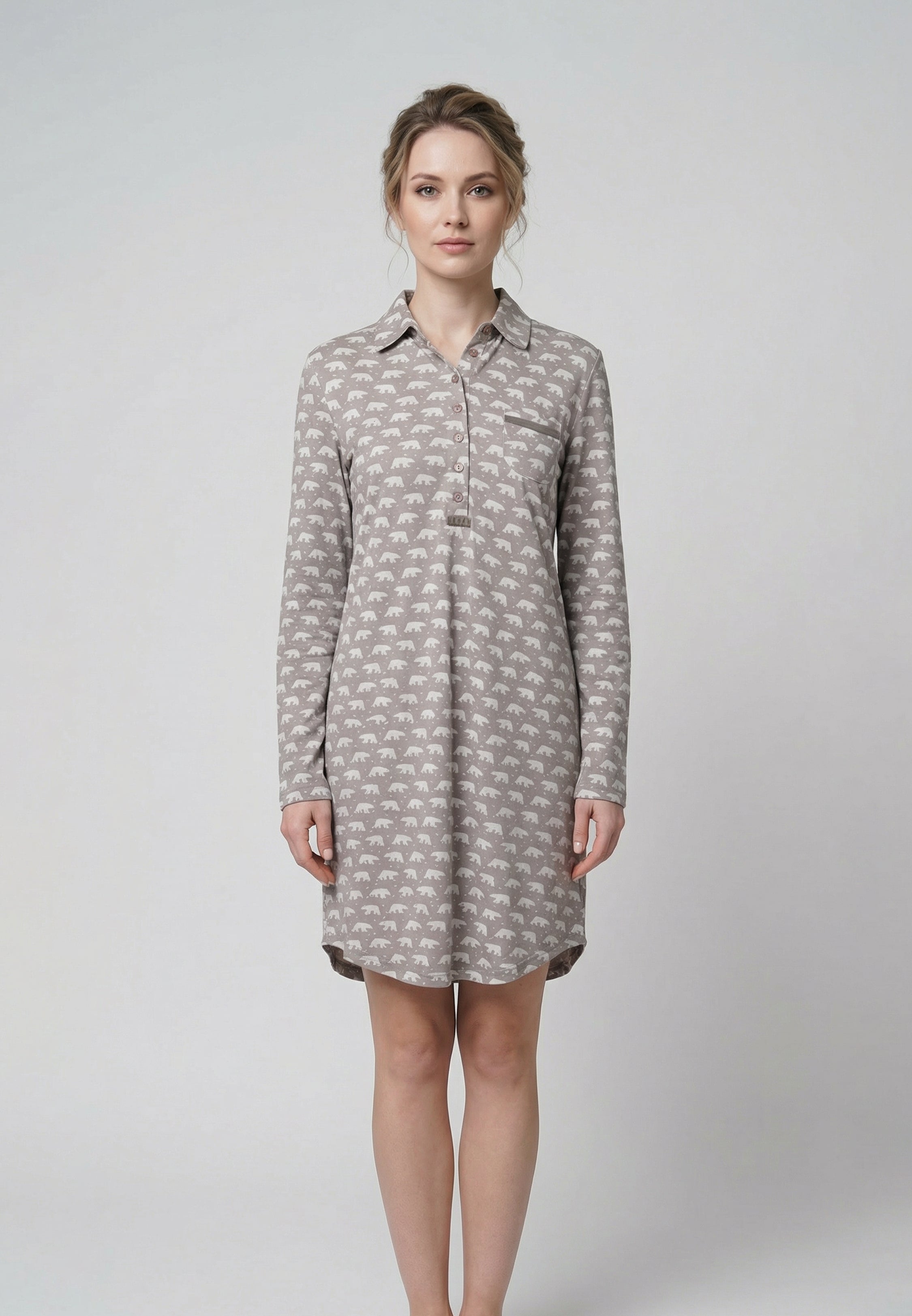 Pyjama Robe Col Chemise à Motifs Ours