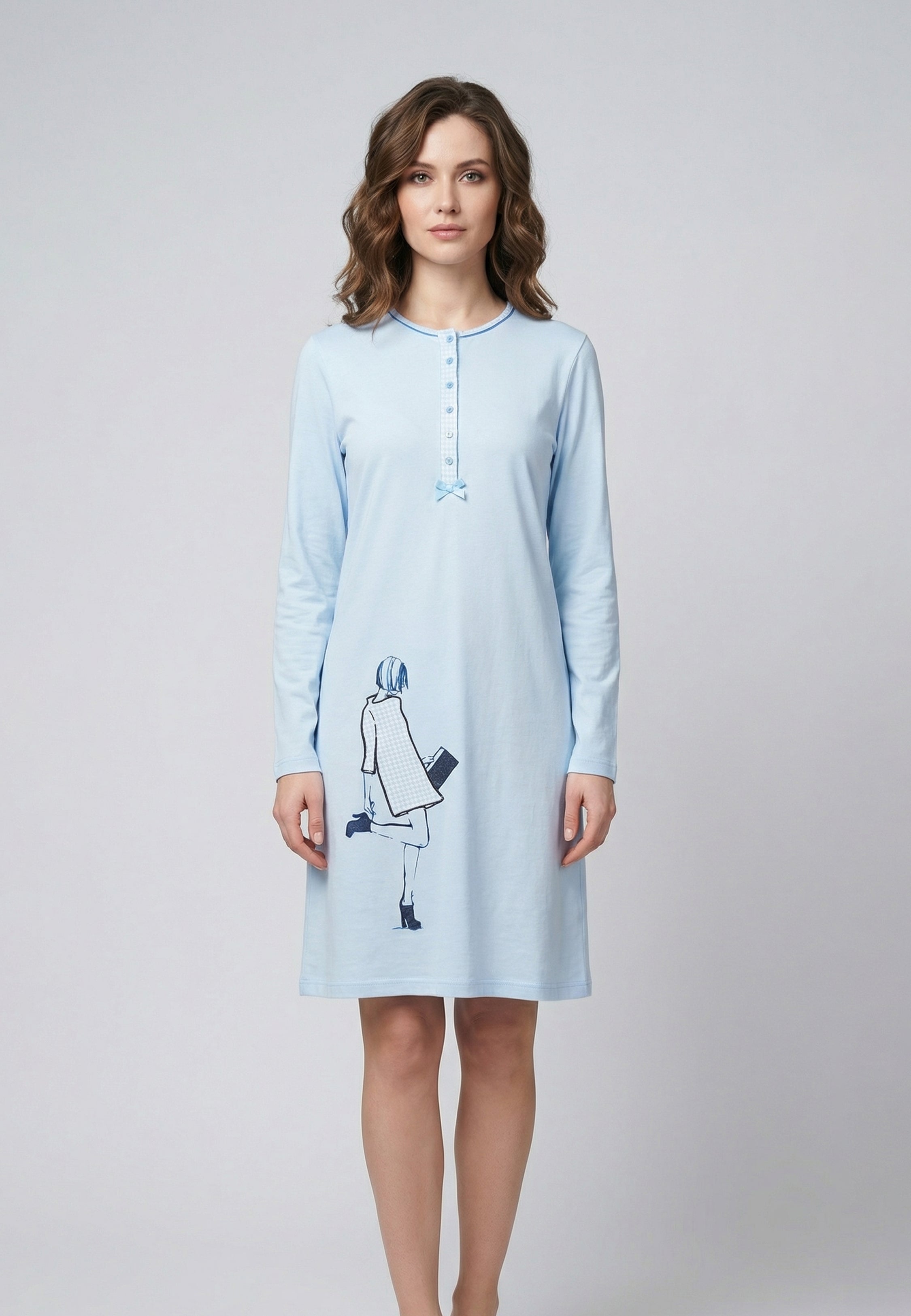 Pyjama Robe Bleu avec Boutons et Motif