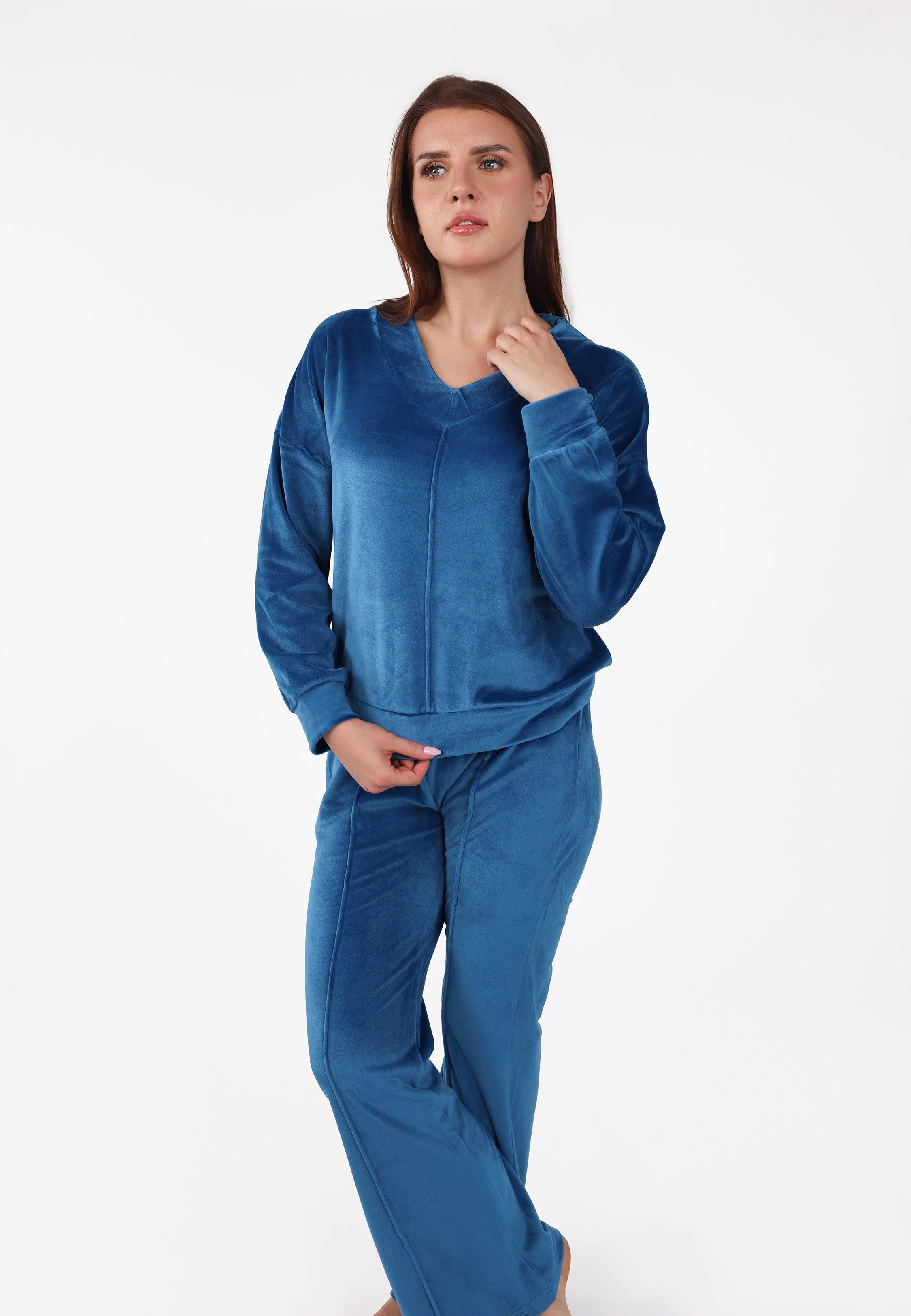 Pyjama col V à pantalon évasé | Collection Velvet Bleu