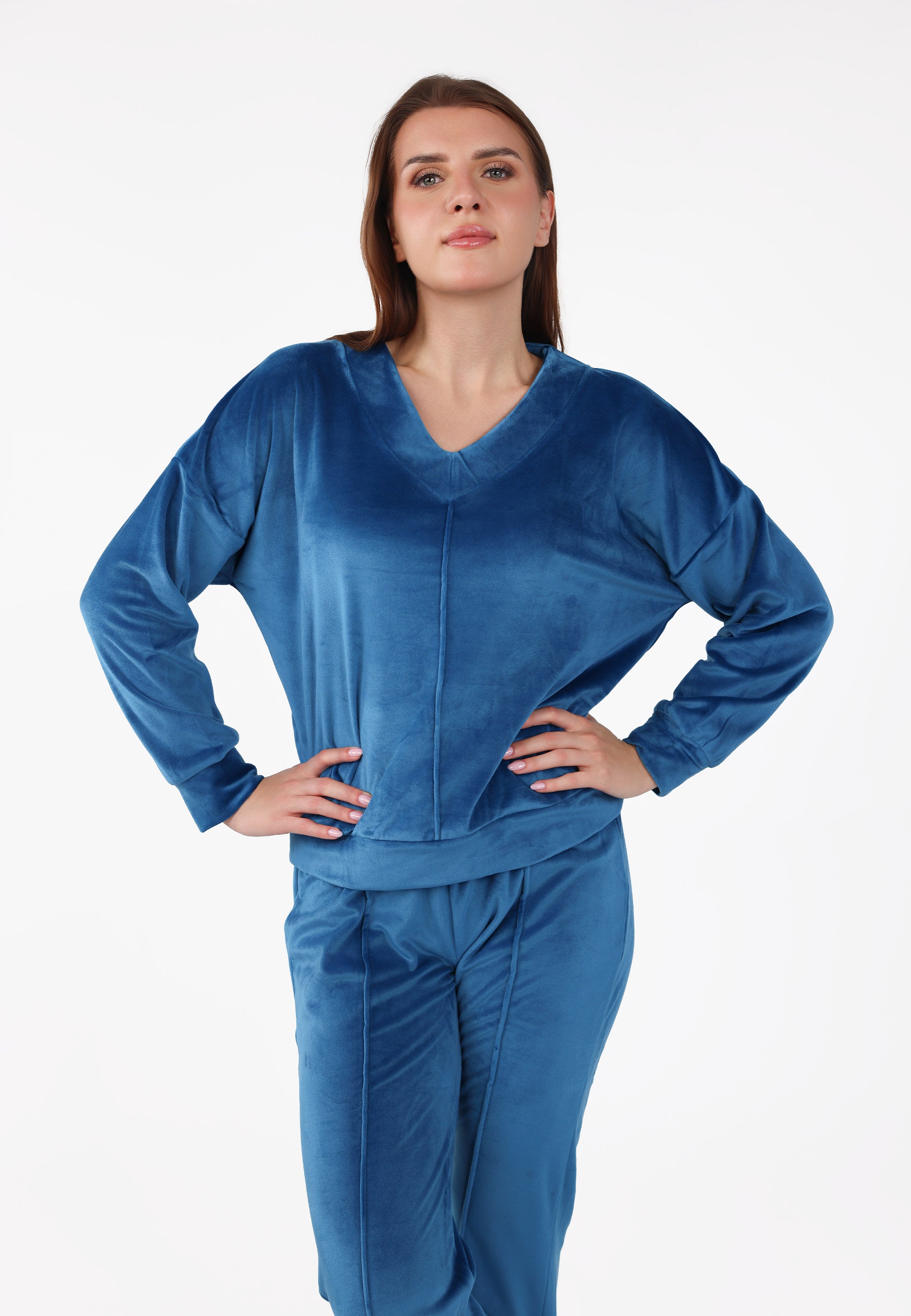 Pyjama col V à pantalon évasé | Collection Velvet Bleu