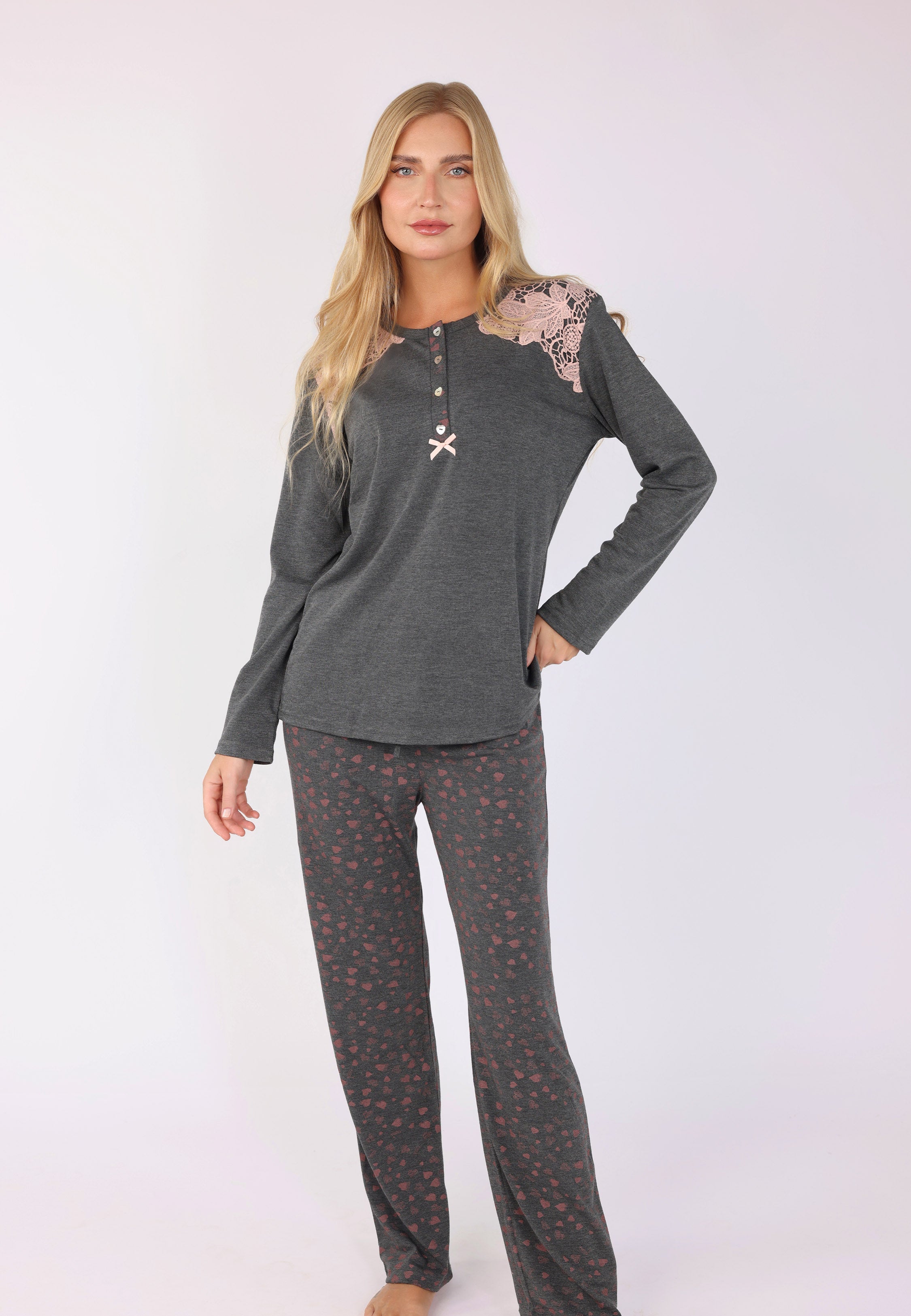 Pyjama Dentelle Épaule & Imprimé Cœurs | Collection LV SAUMON