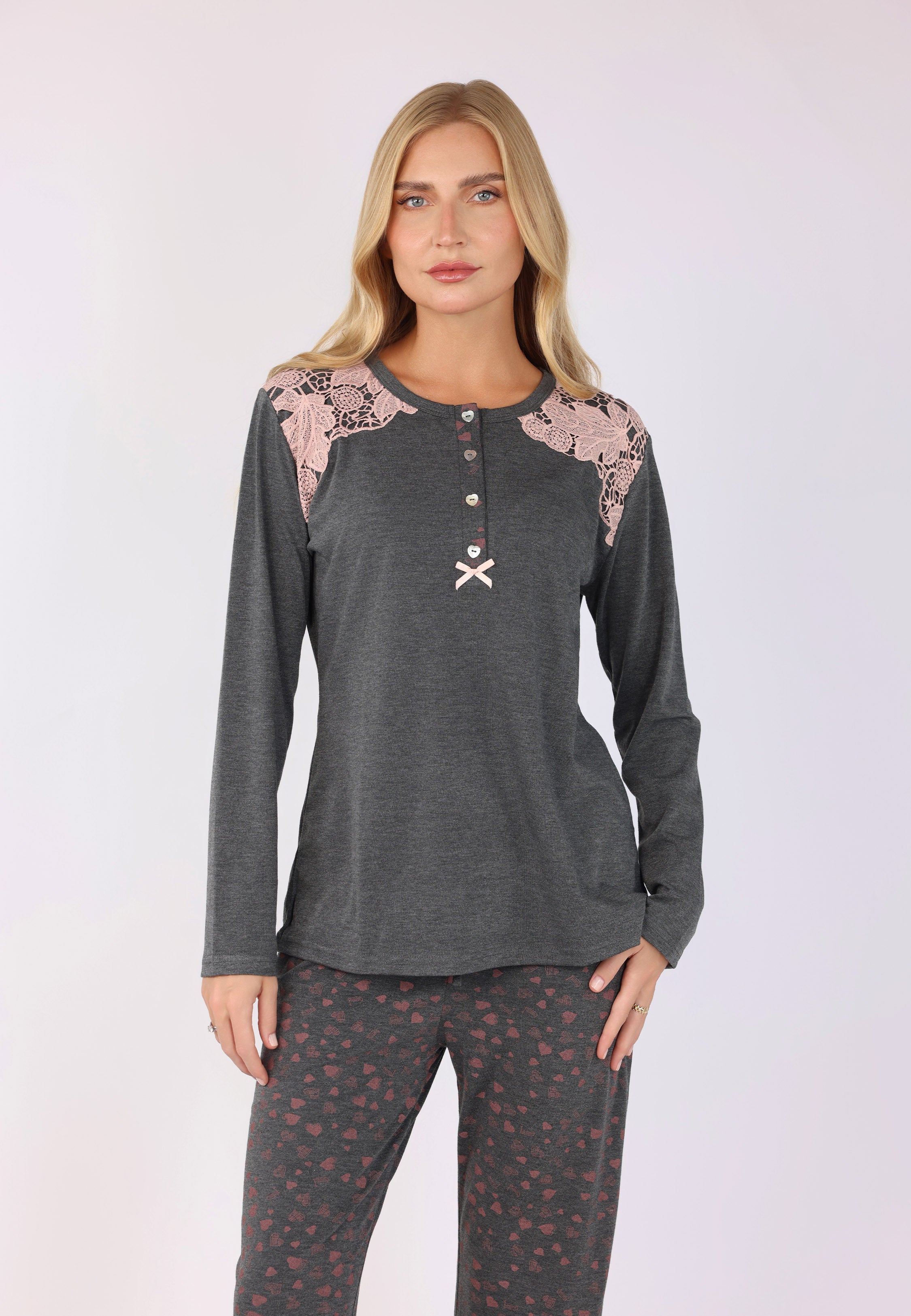 Pyjama Dentelle Épaule & Imprimé Cœurs | Collection LV SAUMON