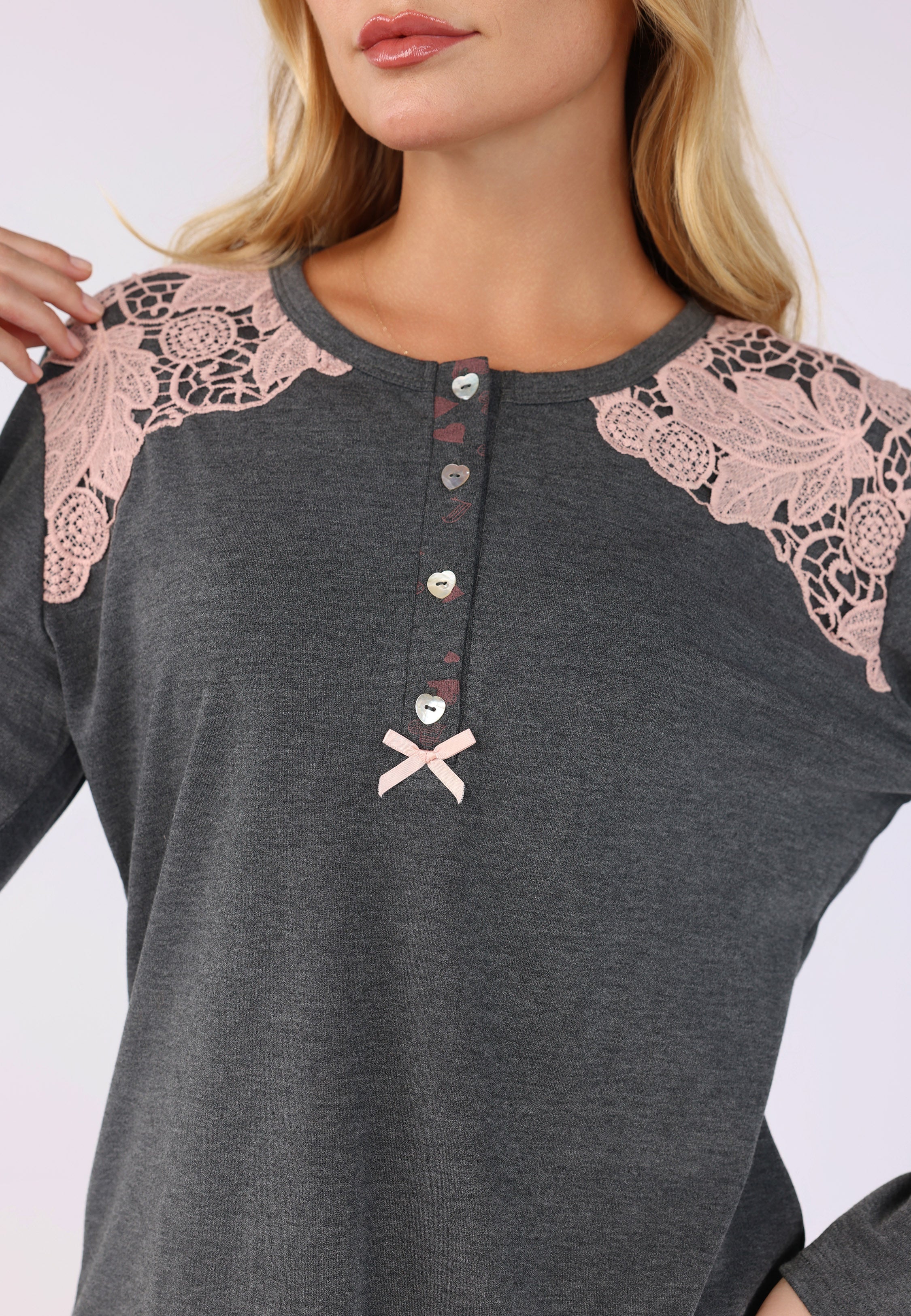 Pyjama Dentelle Épaule & Imprimé Cœurs | Collection LV SAUMON