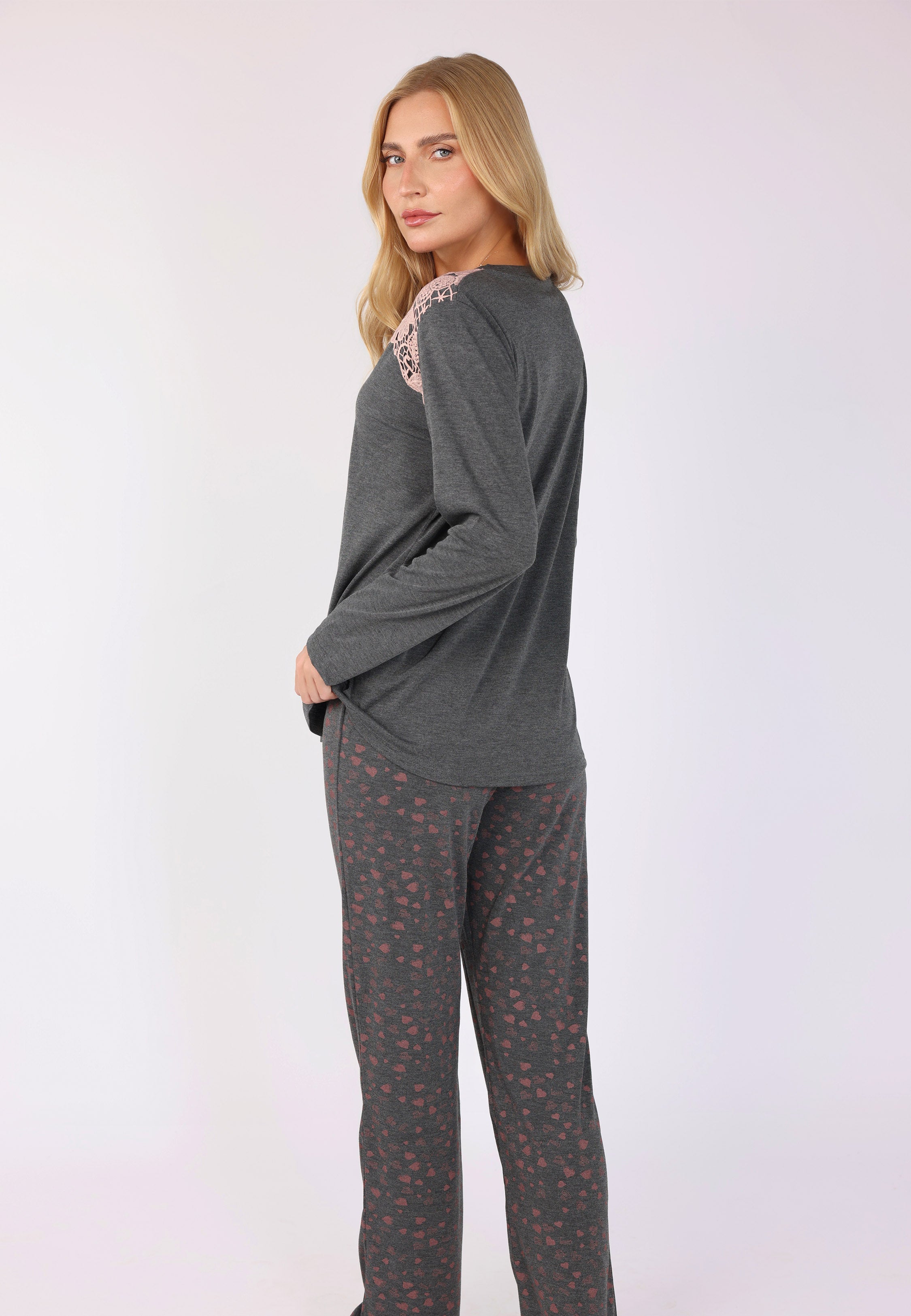 Pyjama Dentelle Épaule & Imprimé Cœurs | Collection LV SAUMON