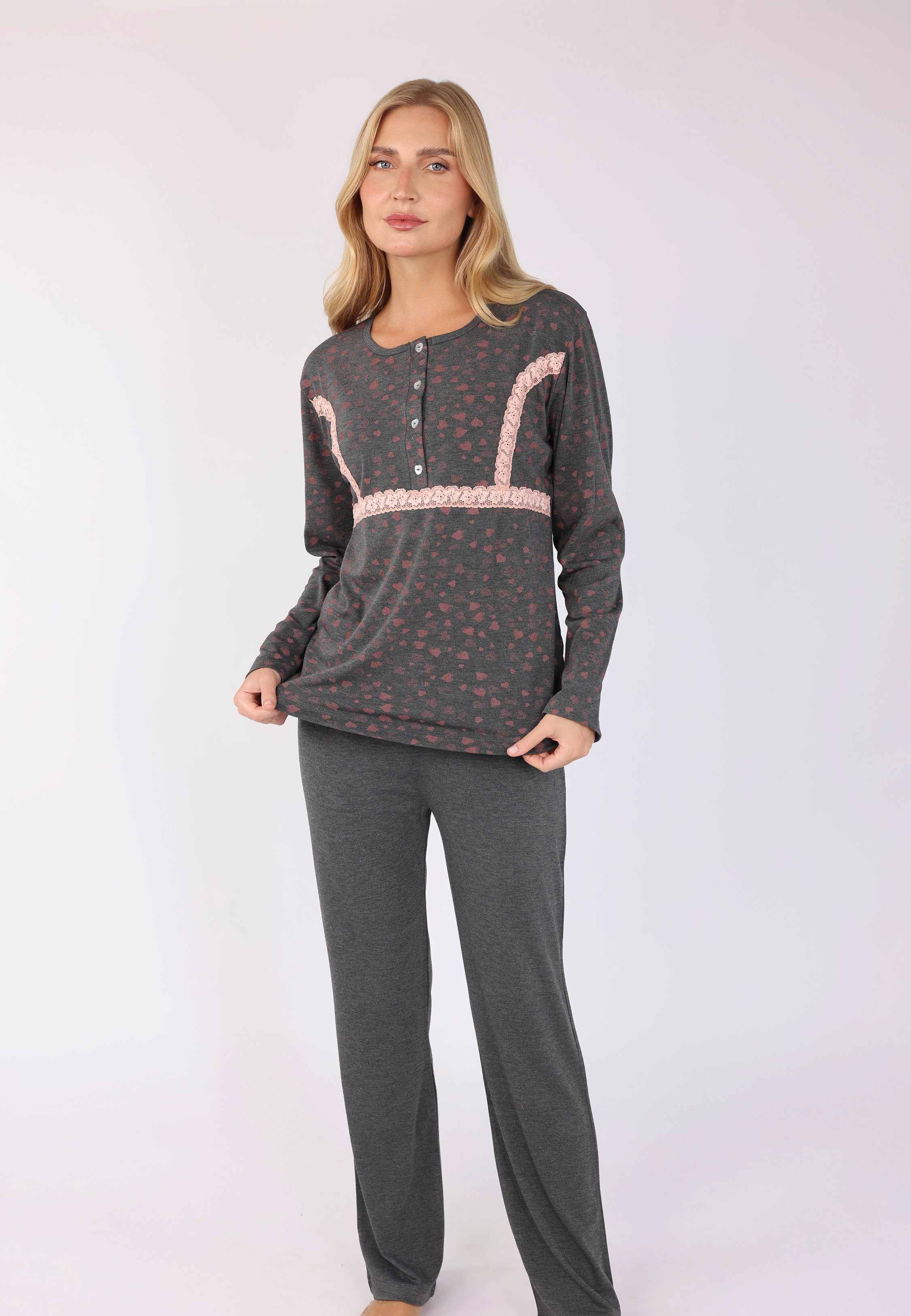 Ensemble Pyjama Motifs Cœurs & Dentelle | Collection LV SAUMON
