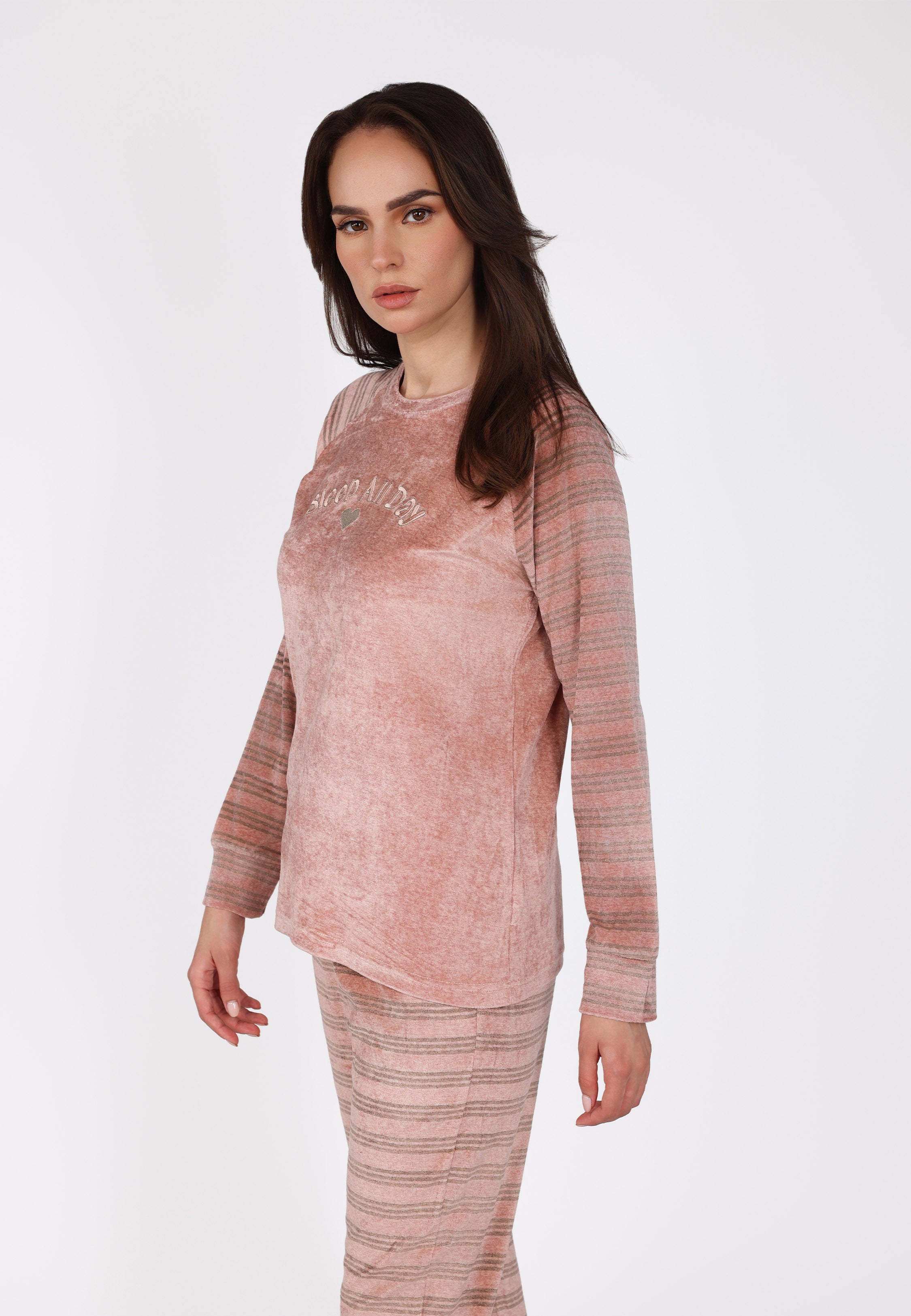 Ensemble velours rose rayé | Collection La Douceur d’Hiver