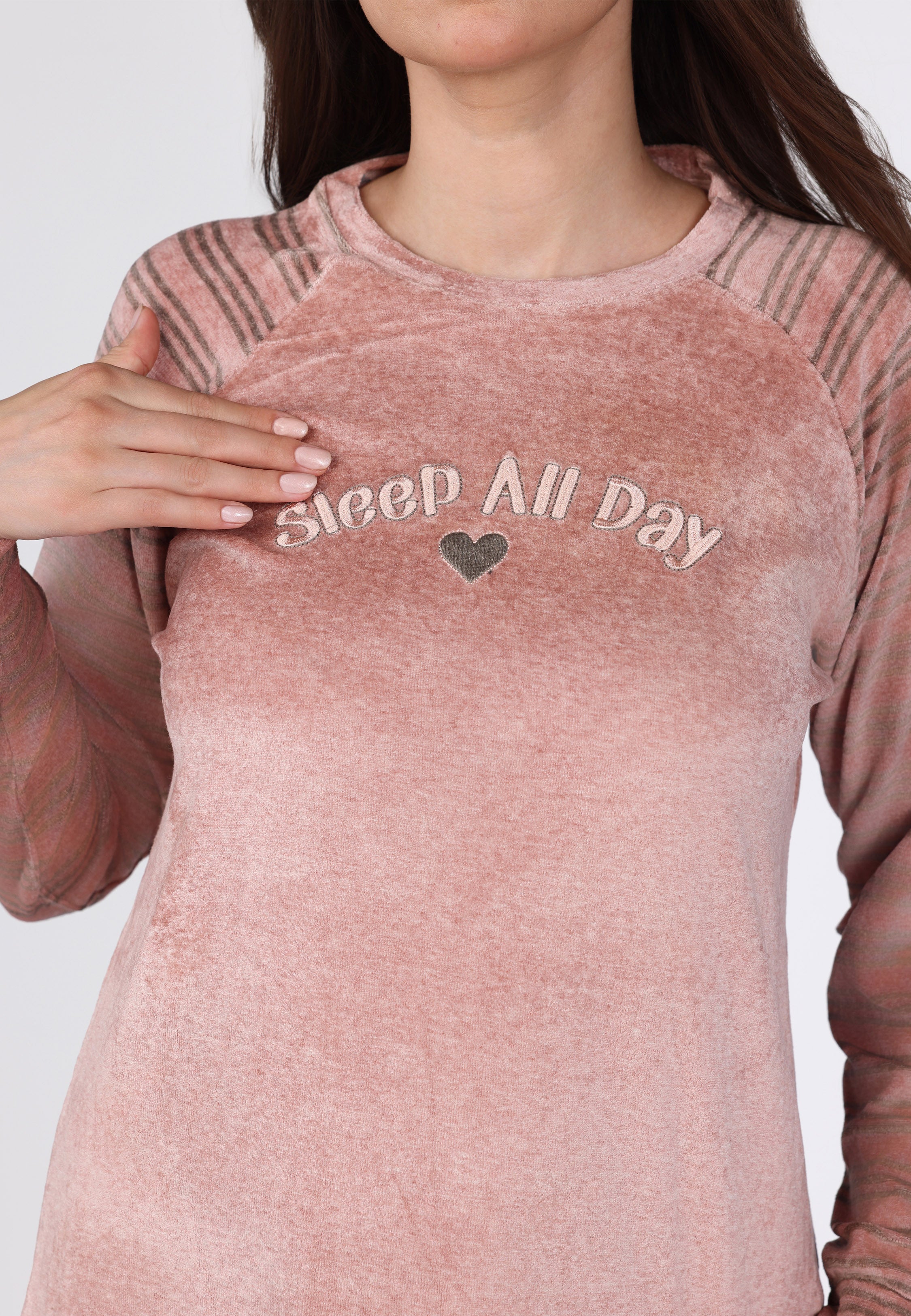 Ensemble velours rose rayé | Collection La Douceur d’Hiver