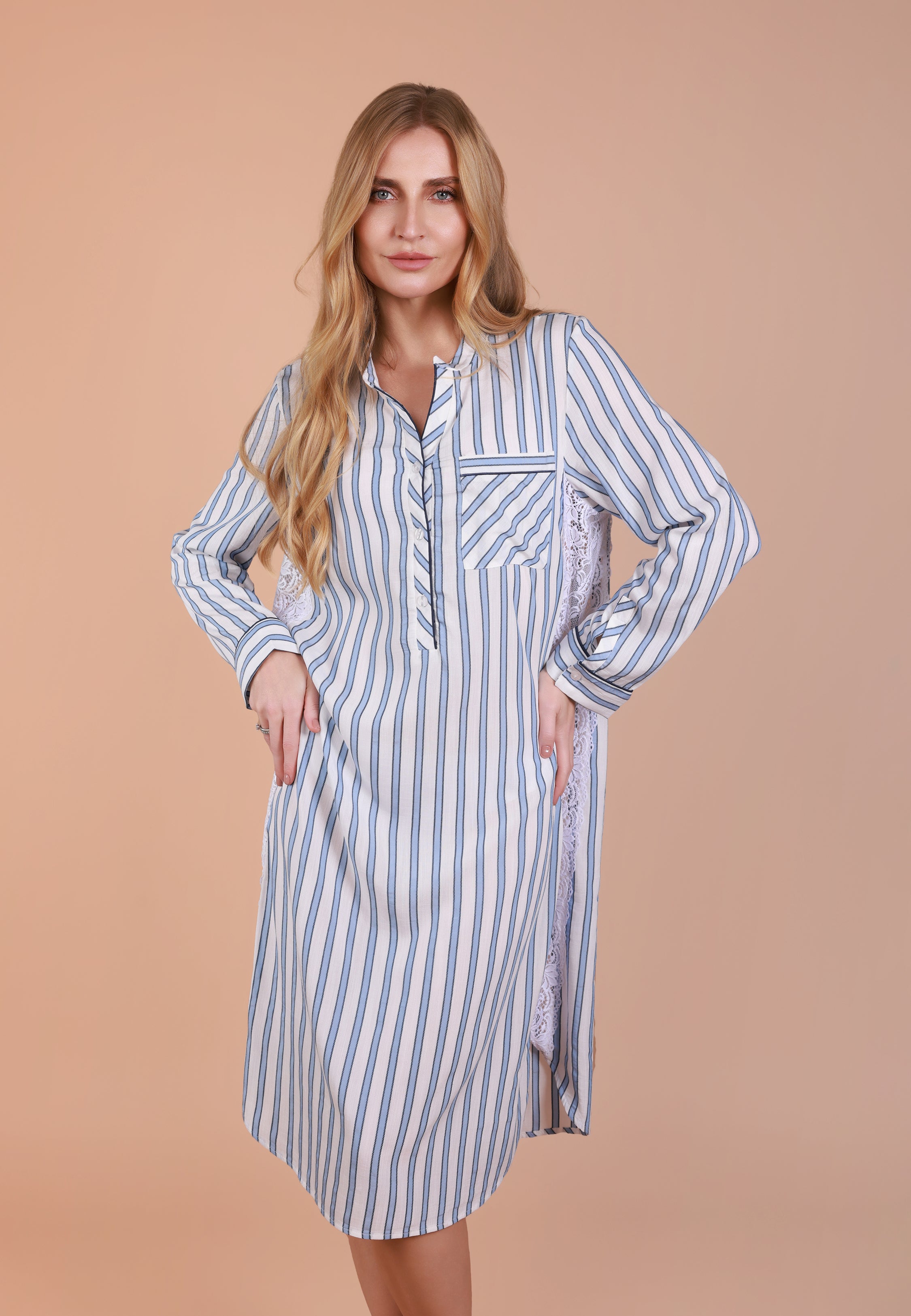 Robe de Nuit Longue Rayée avec Dentelle | Collection WALLPAPER