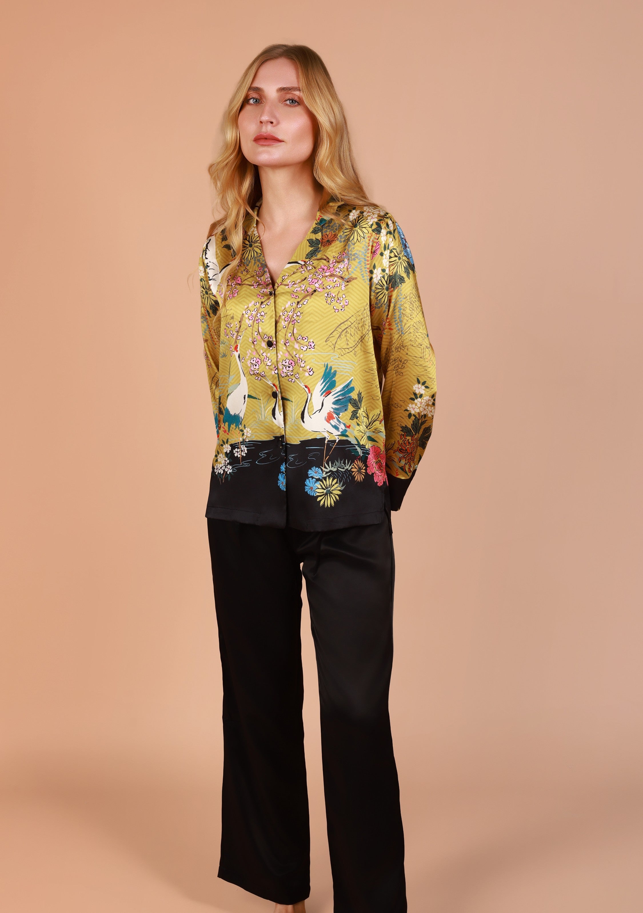 Pyjama Chic Satiné à Motif Japonais & Floral