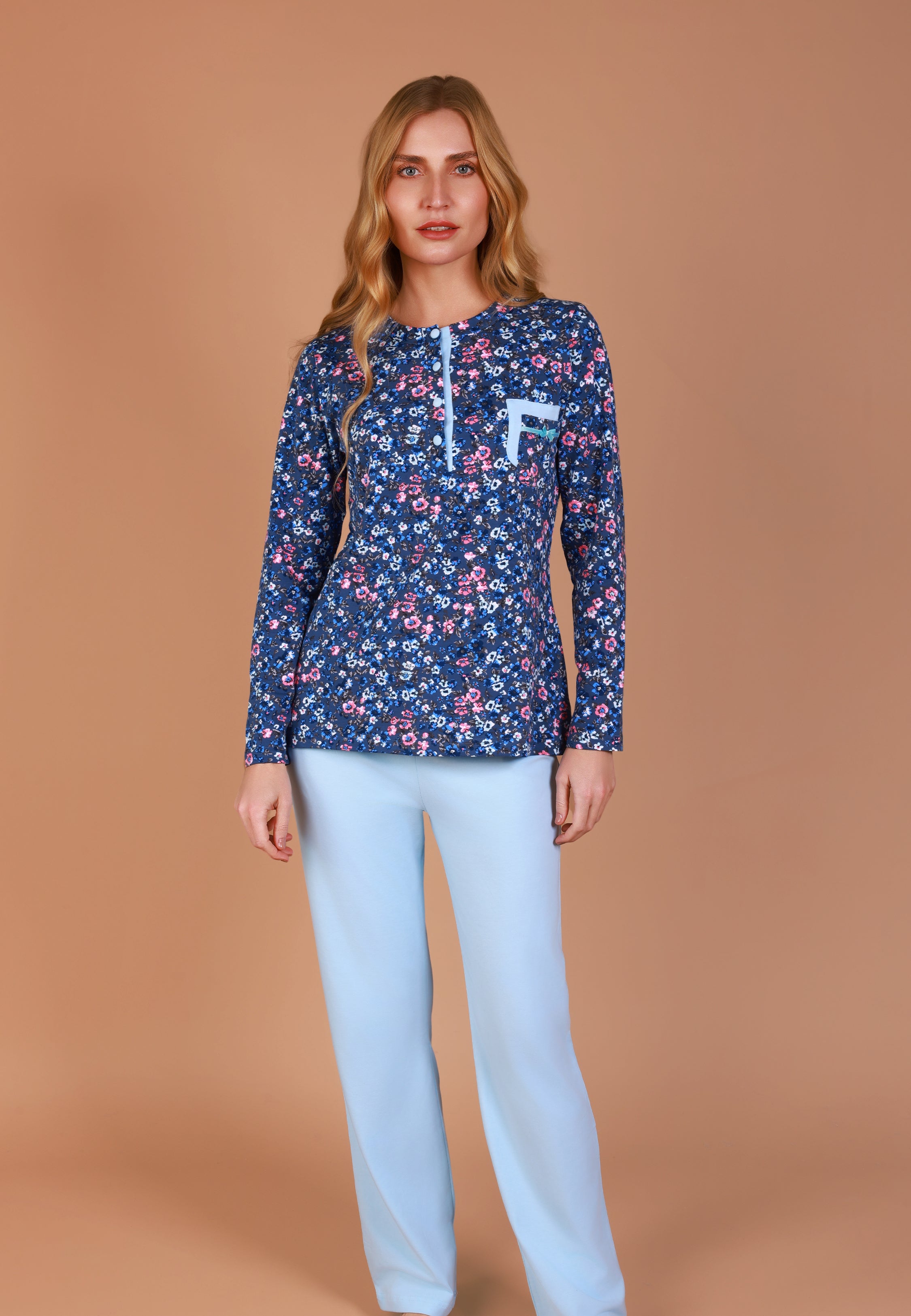 Ensemble pyjama bleu ciel et top fleuri | Collection LIBERTY BLEU
