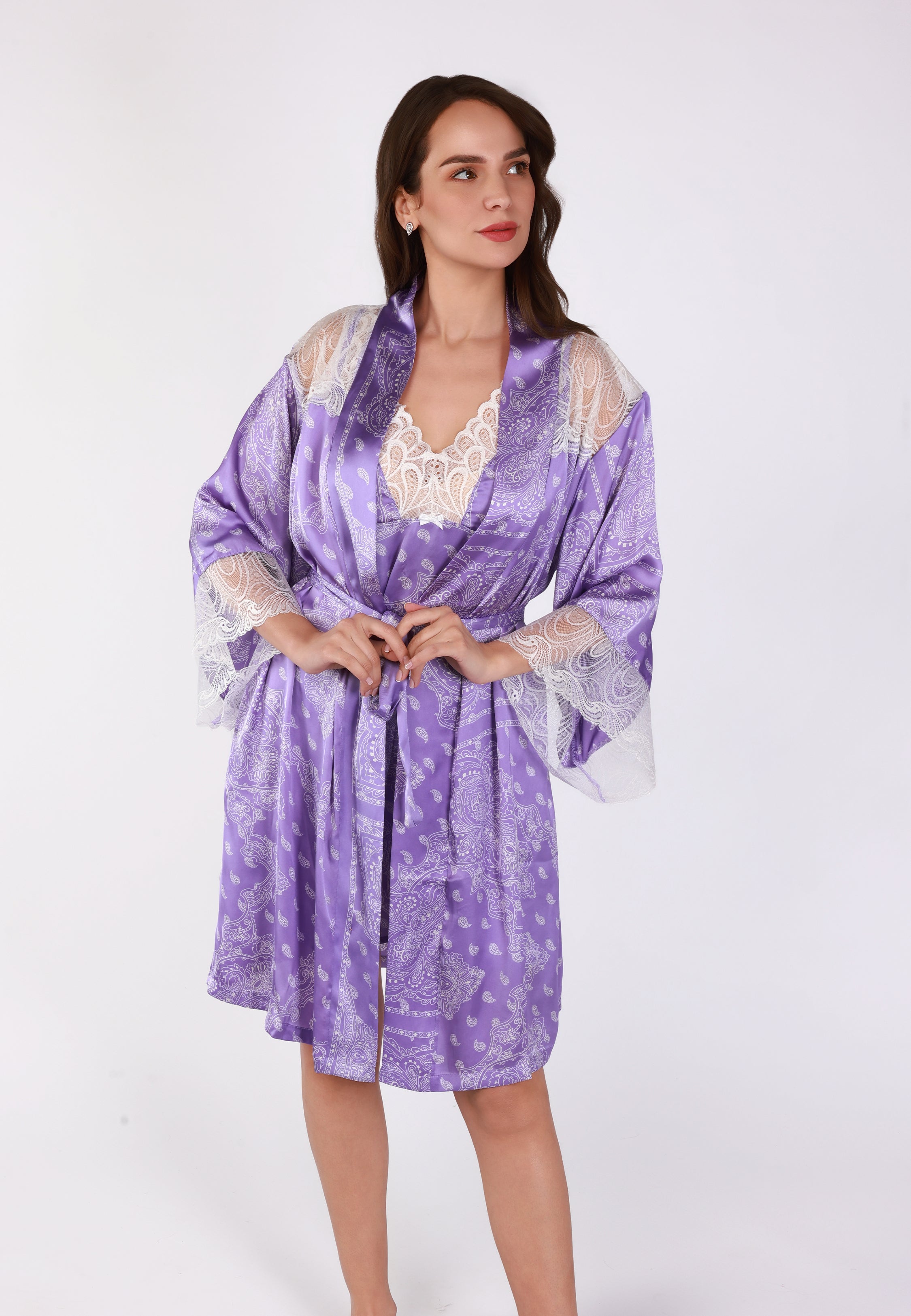 Peignoir Satin Bandana avec Dentelle | Collection Bandana Purple