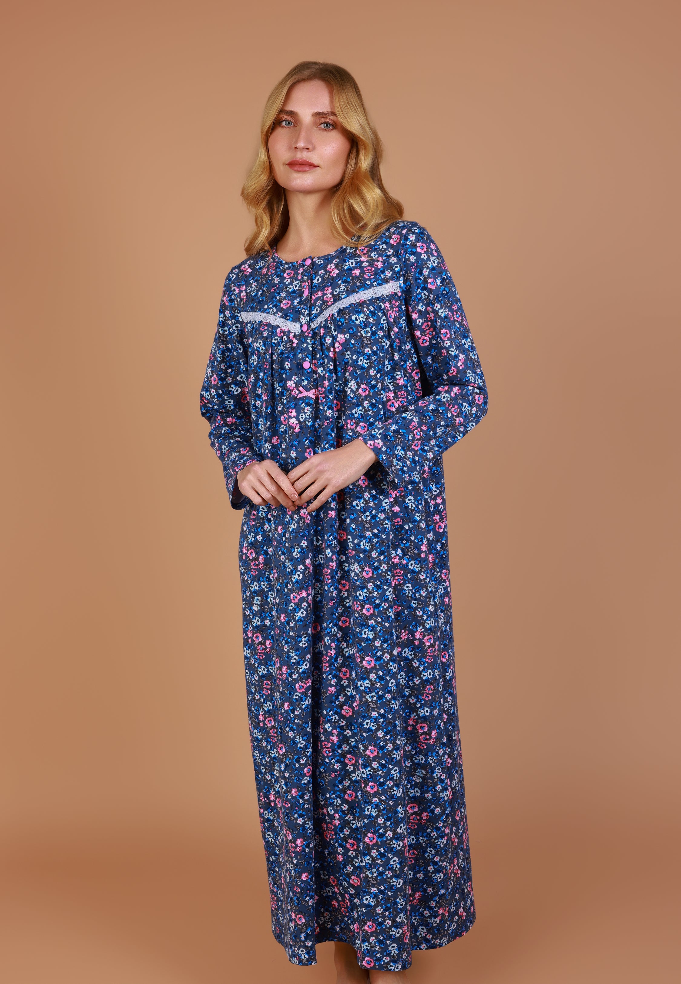 Chemise de nuit femme à manches longues et dentelle | Collection LIBERTY BLUE