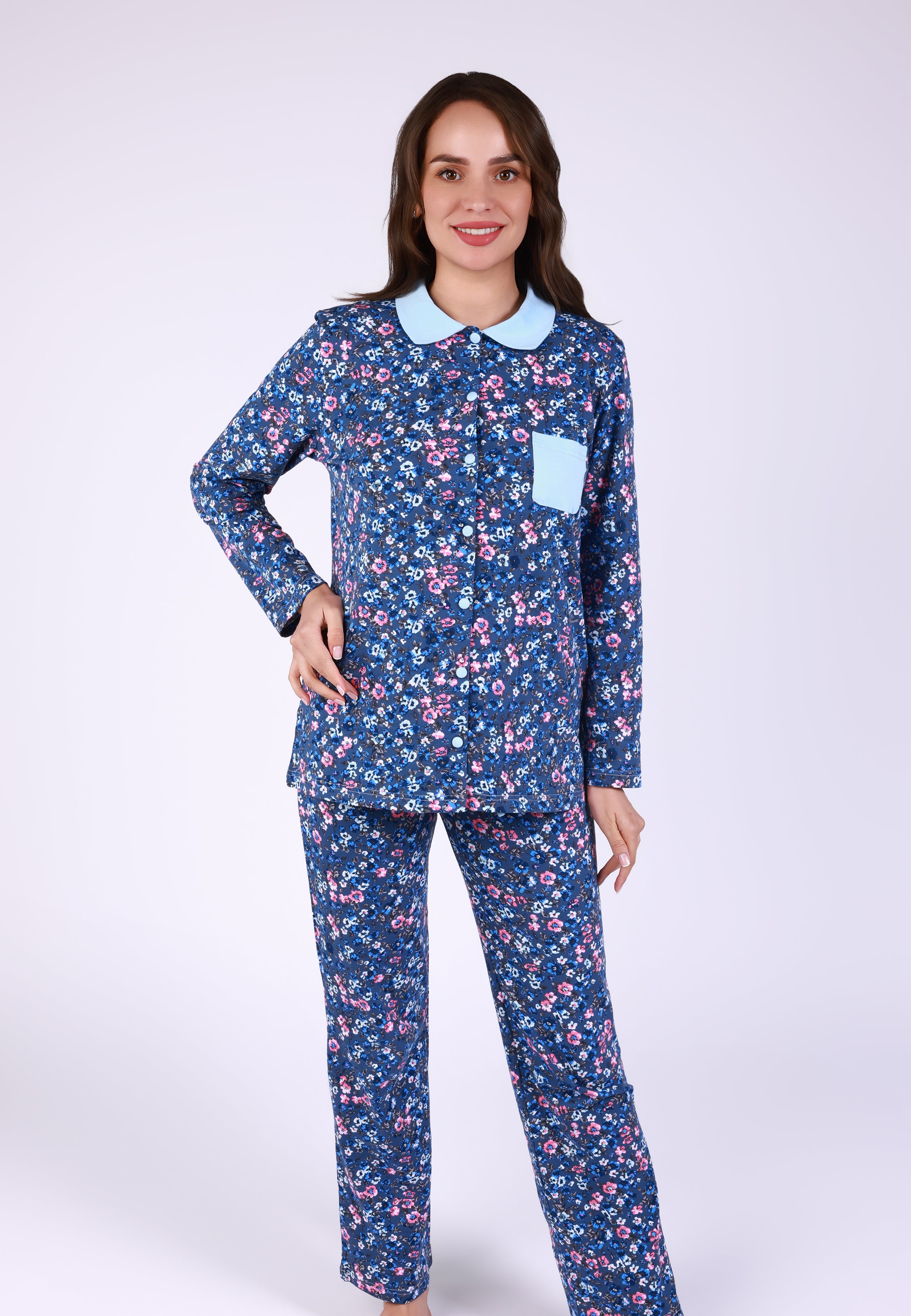 Ensemble pyjama fleuri bleu à col contrasté | Collection LIBERTY BLEU