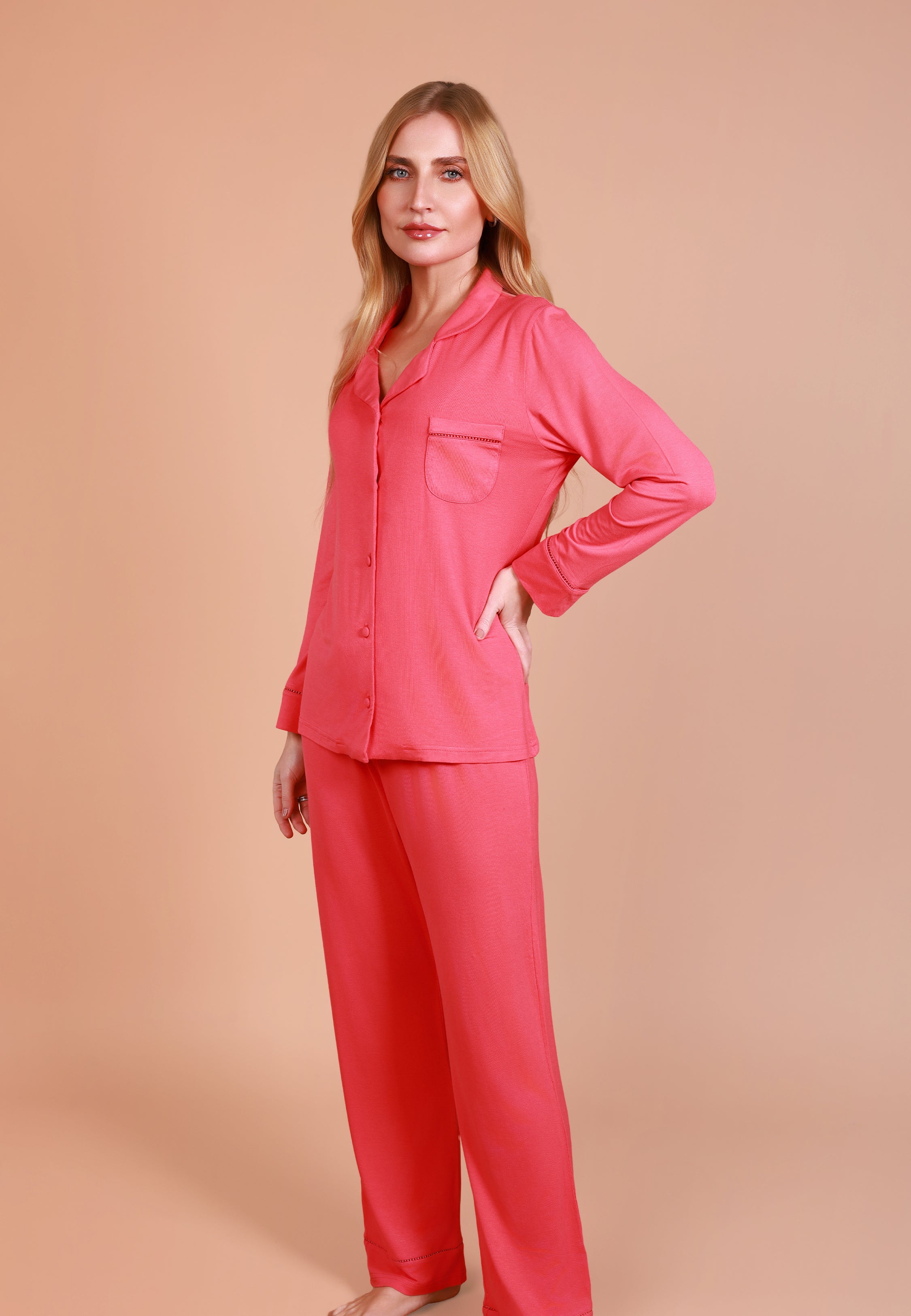 Pyjama Classique Corail à Manches Longue