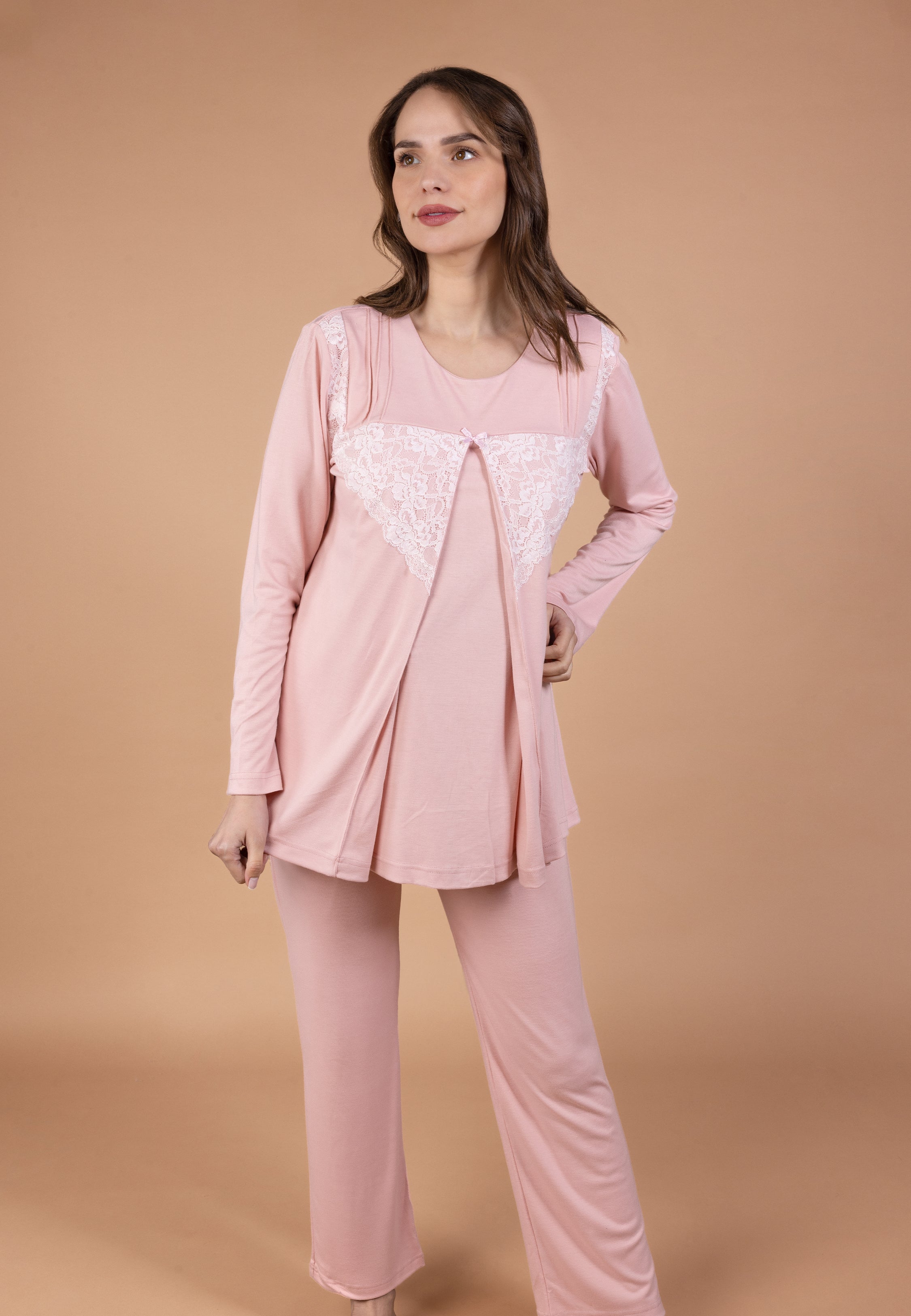Pyjama maternité et allaitement rose avec dentelle | Collection NOSTALGIA