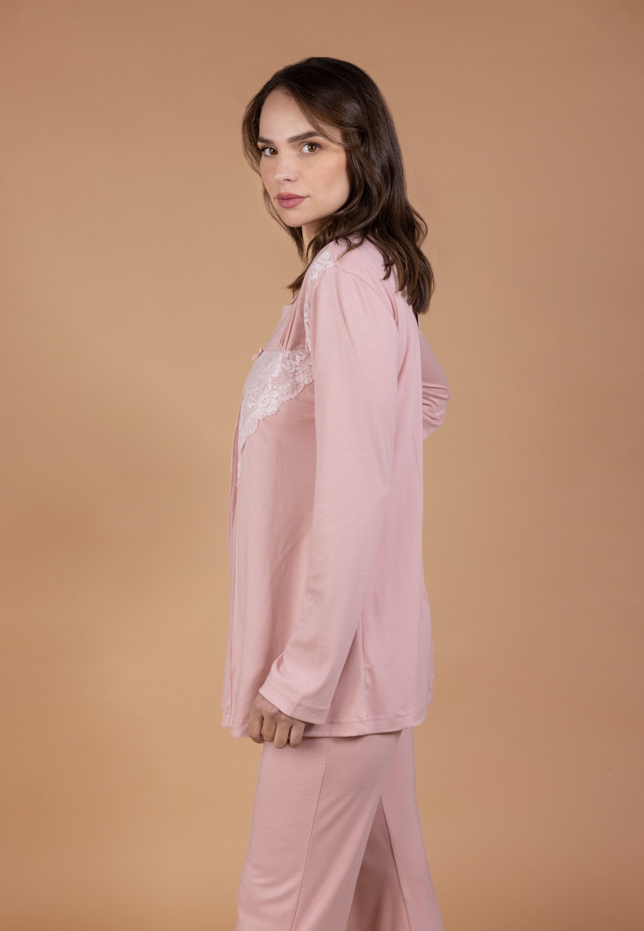 Pyjama maternité et allaitement rose avec dentelle | Collection NOSTALGIA