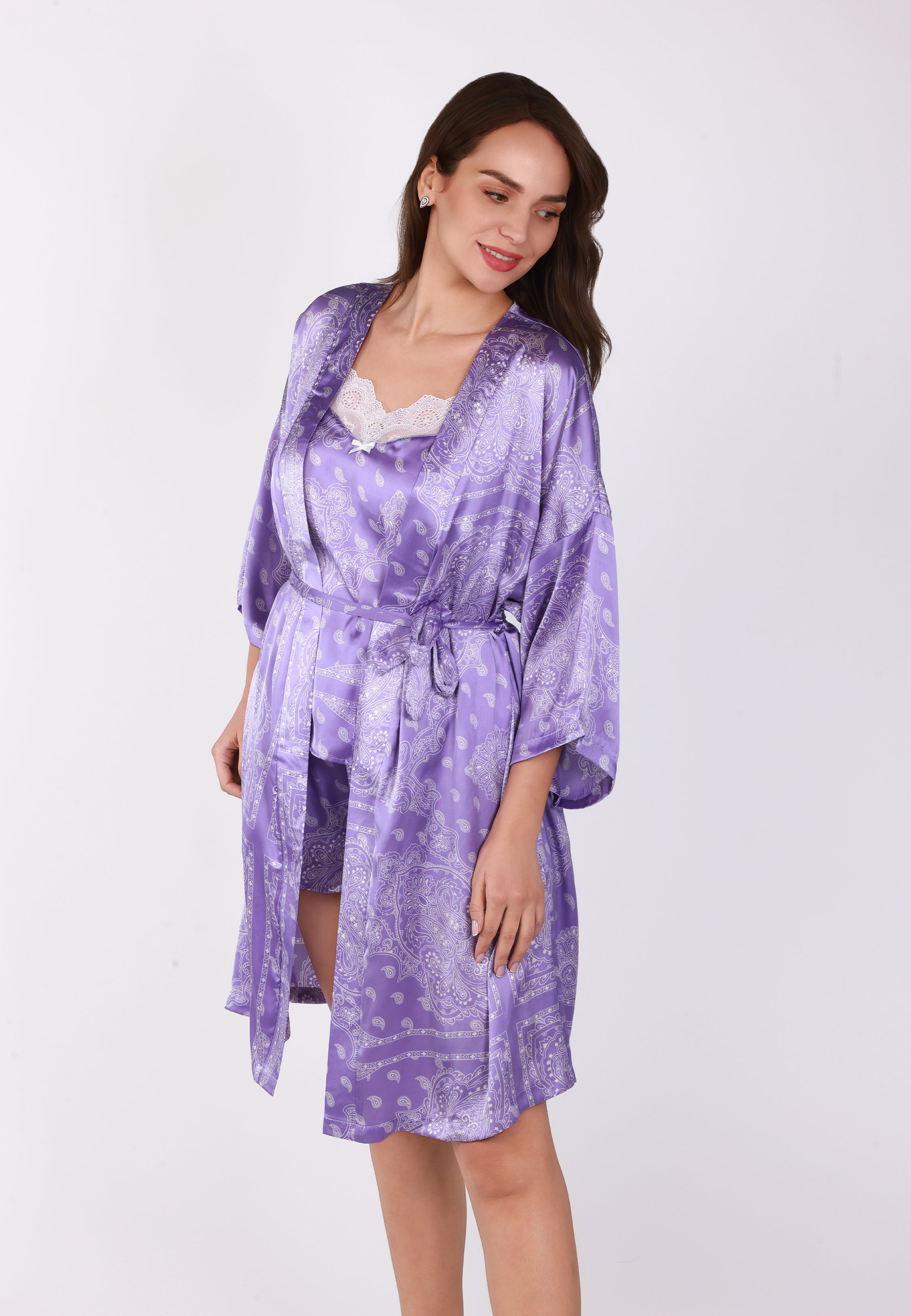 Peignoir Mi-Long en Satin Détails Bandana | Collection Bandana Purple