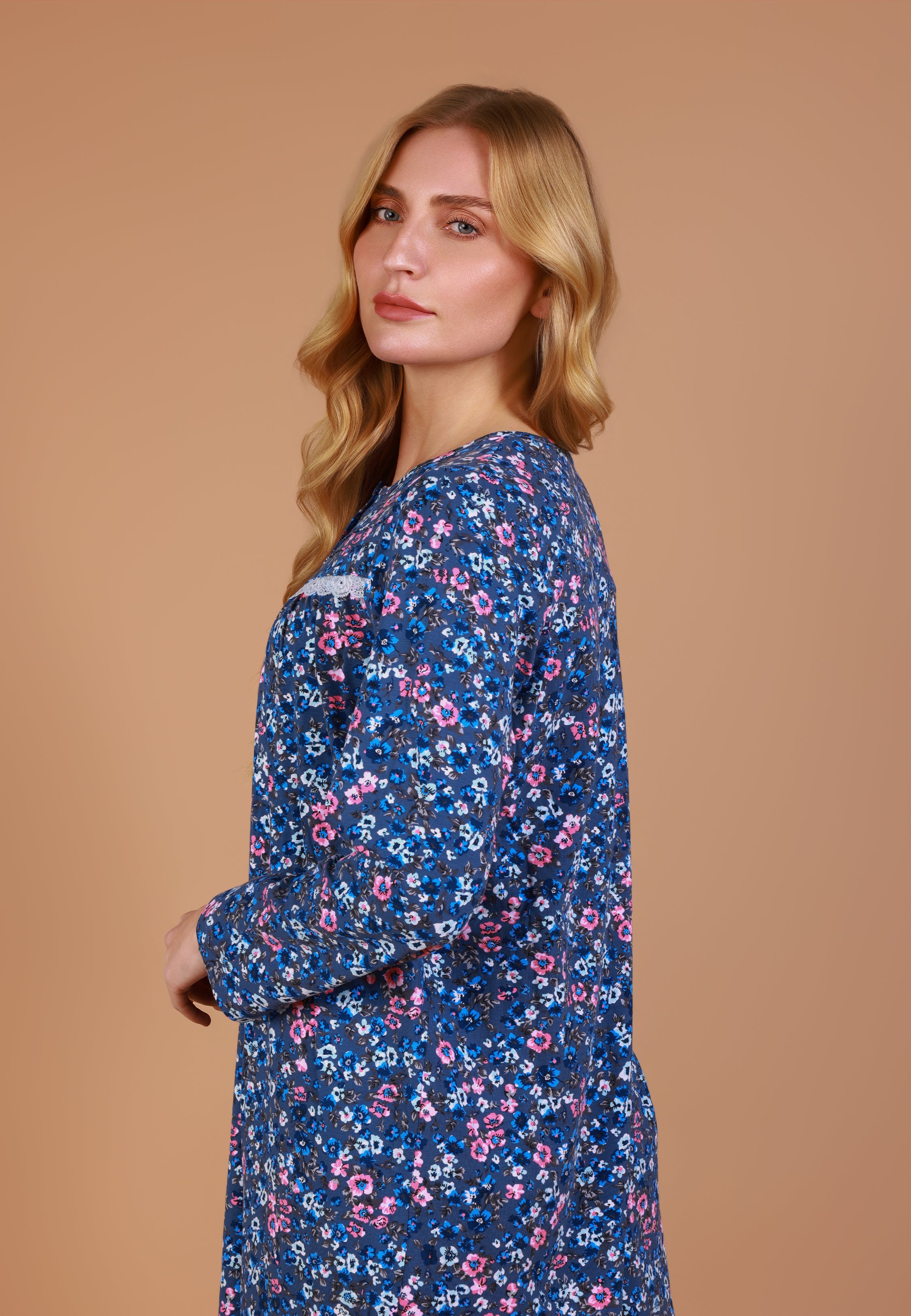 Chemise de nuit femme à manches longues et dentelle | Collection LIBERTY BLUE