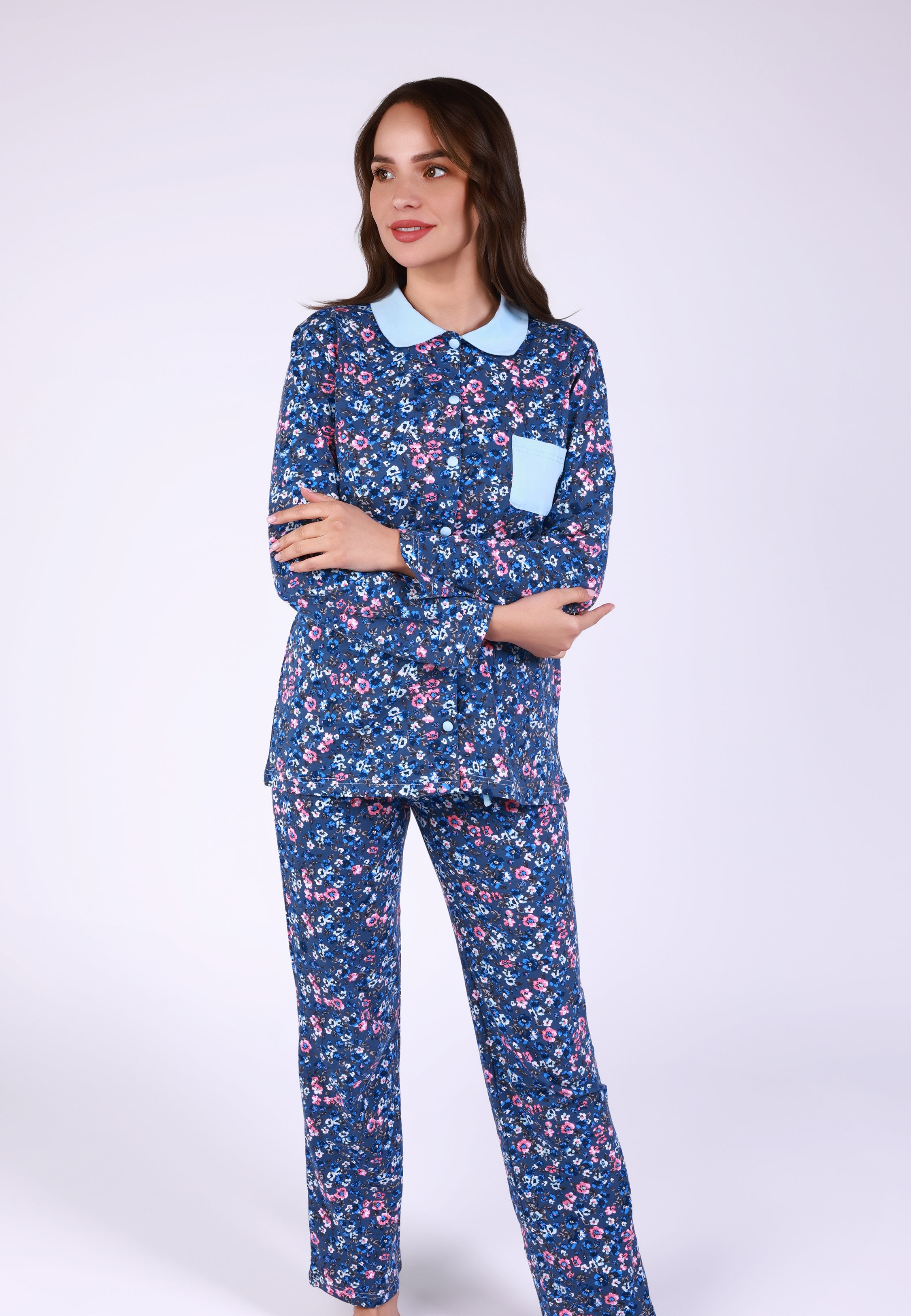 Ensemble pyjama fleuri bleu à col contrasté | Collection LIBERTY BLEU