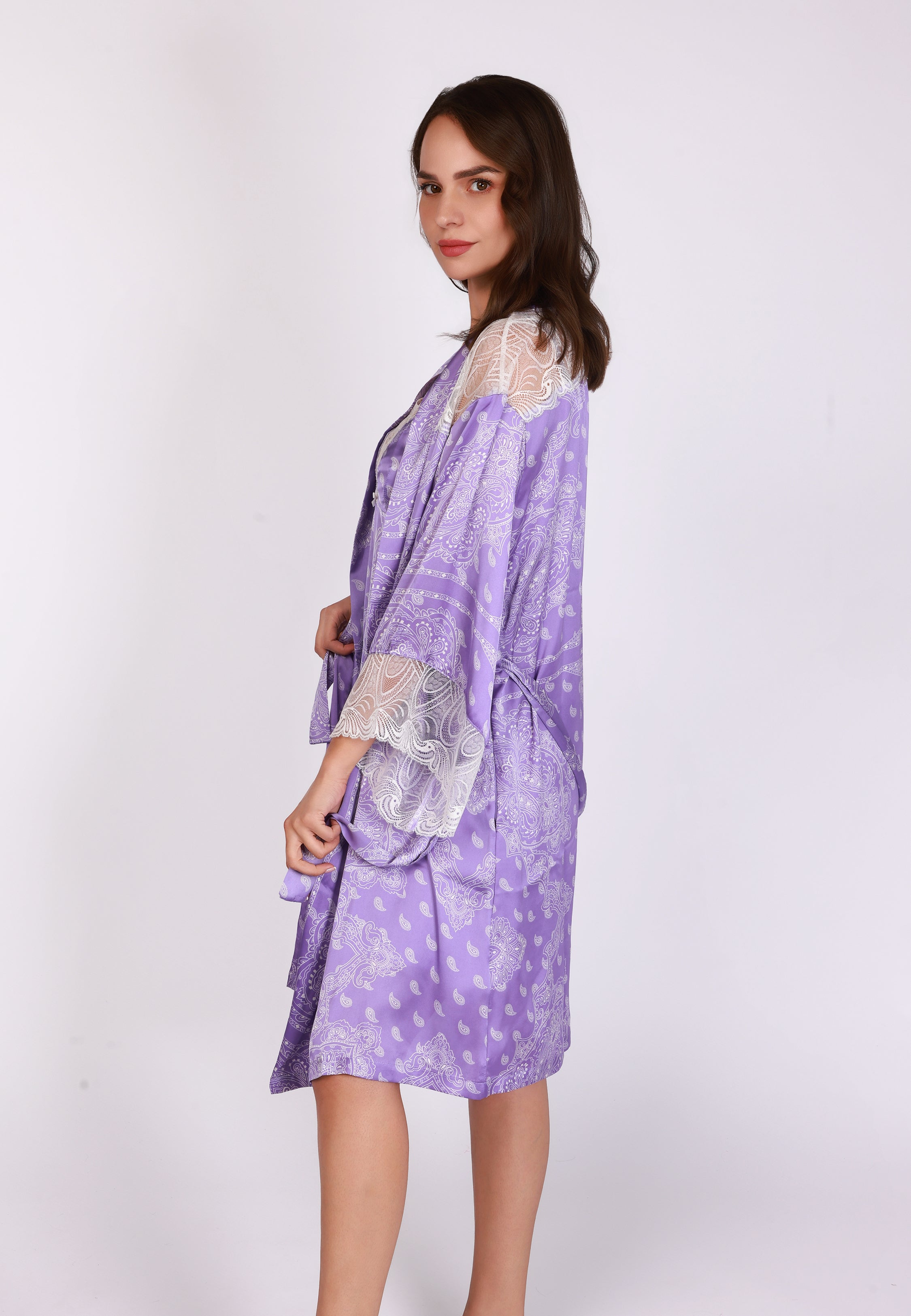 Peignoir Satin Bandana avec Dentelle | Collection Bandana Purple