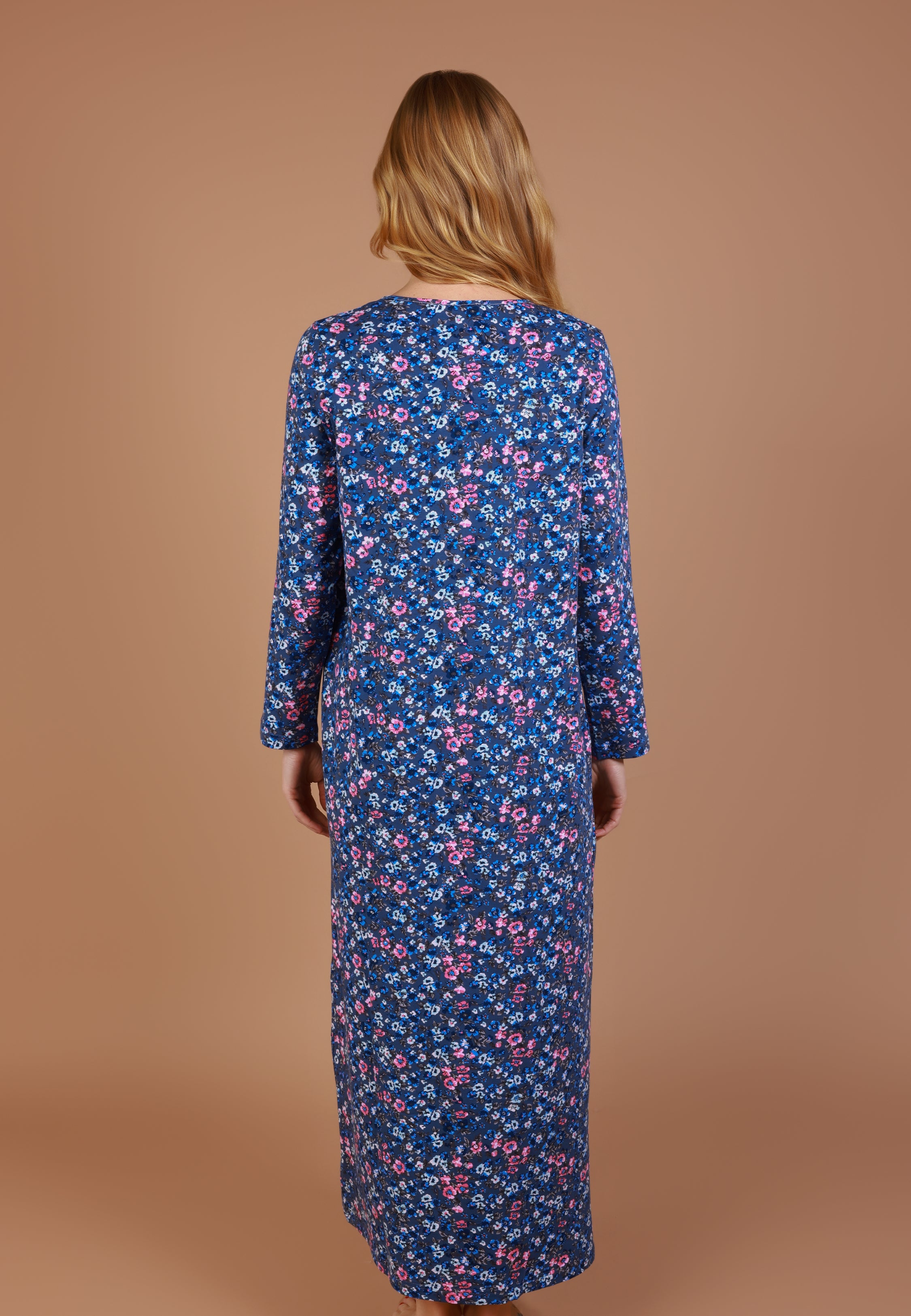 Chemise de nuit femme à manches longues et dentelle | Collection LIBERTY BLUE