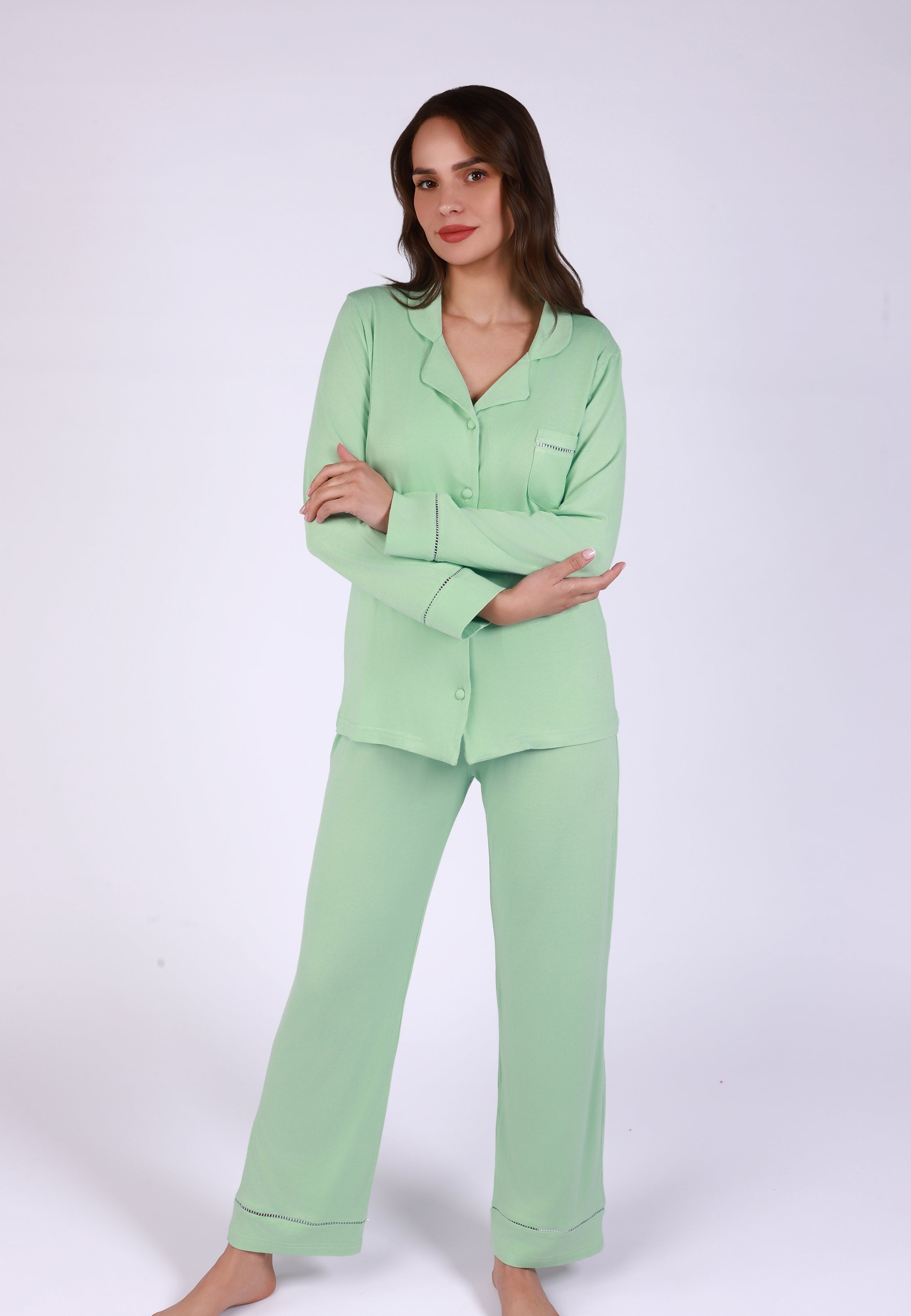 Pyjama Classique Vert Eau à Manches Longues