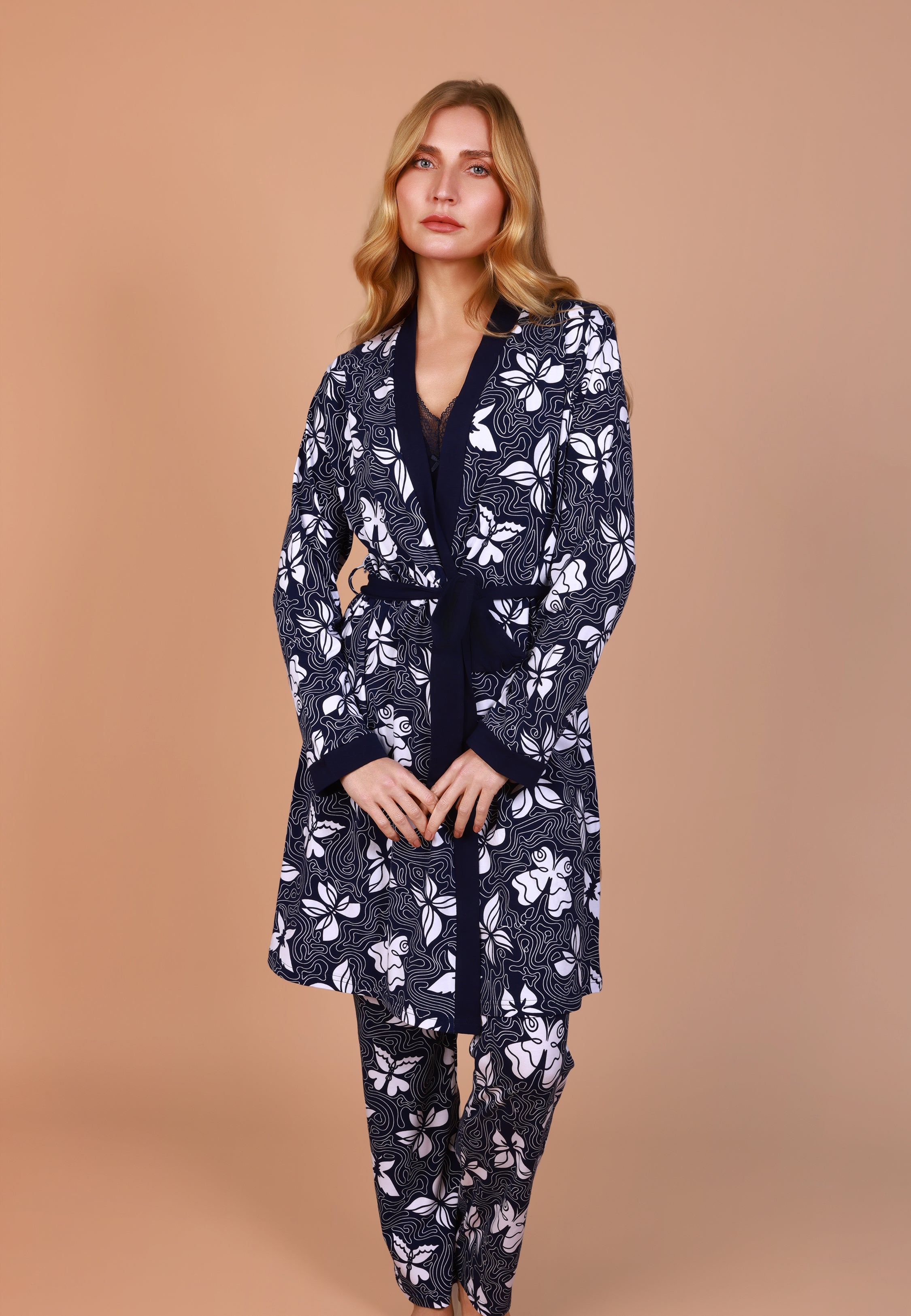 Peignoir Bleu Nuit Floral | Collection BLEU ELEGANCE