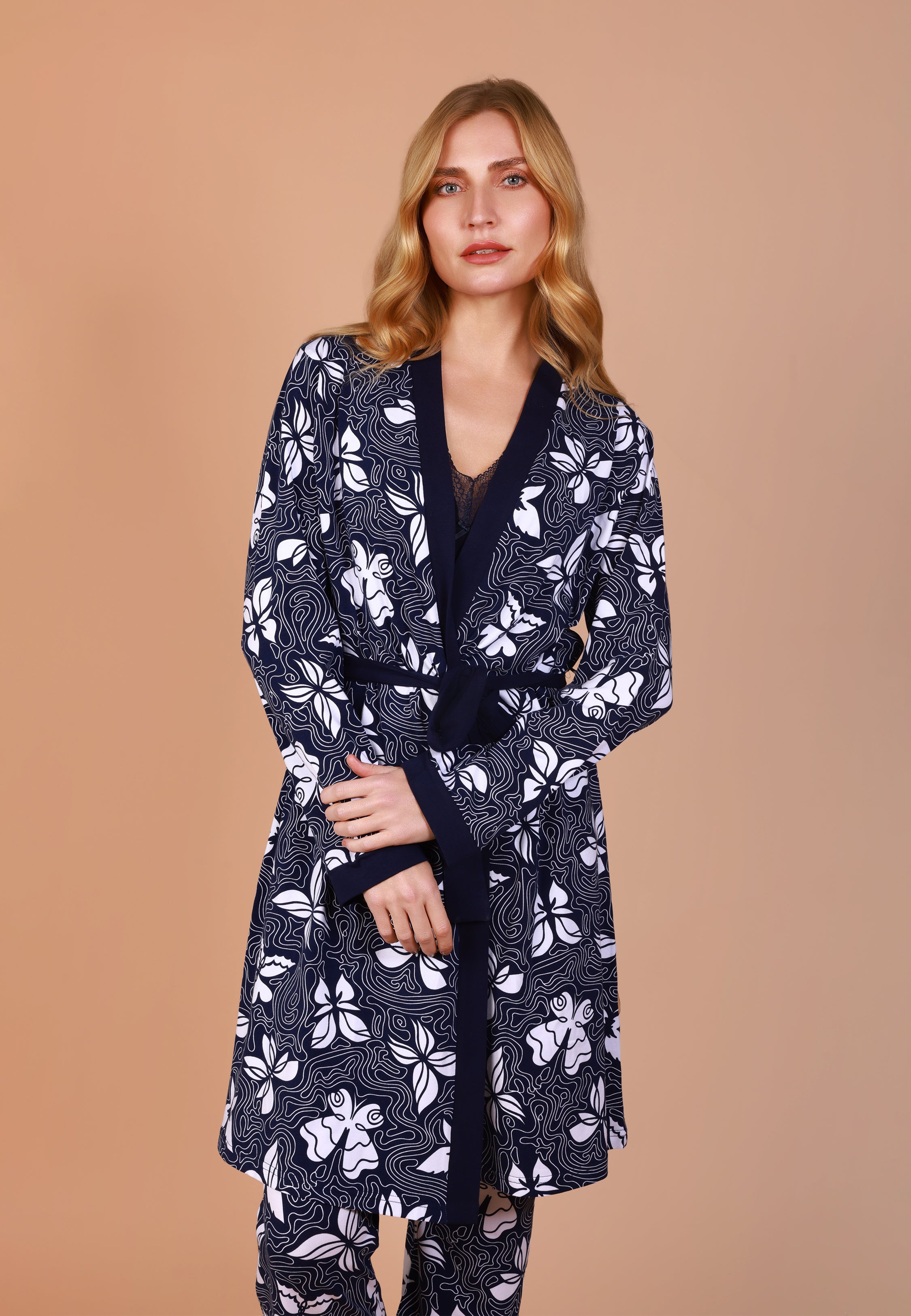 Peignoir Bleu Nuit Floral | Collection BLEU ELEGANCE