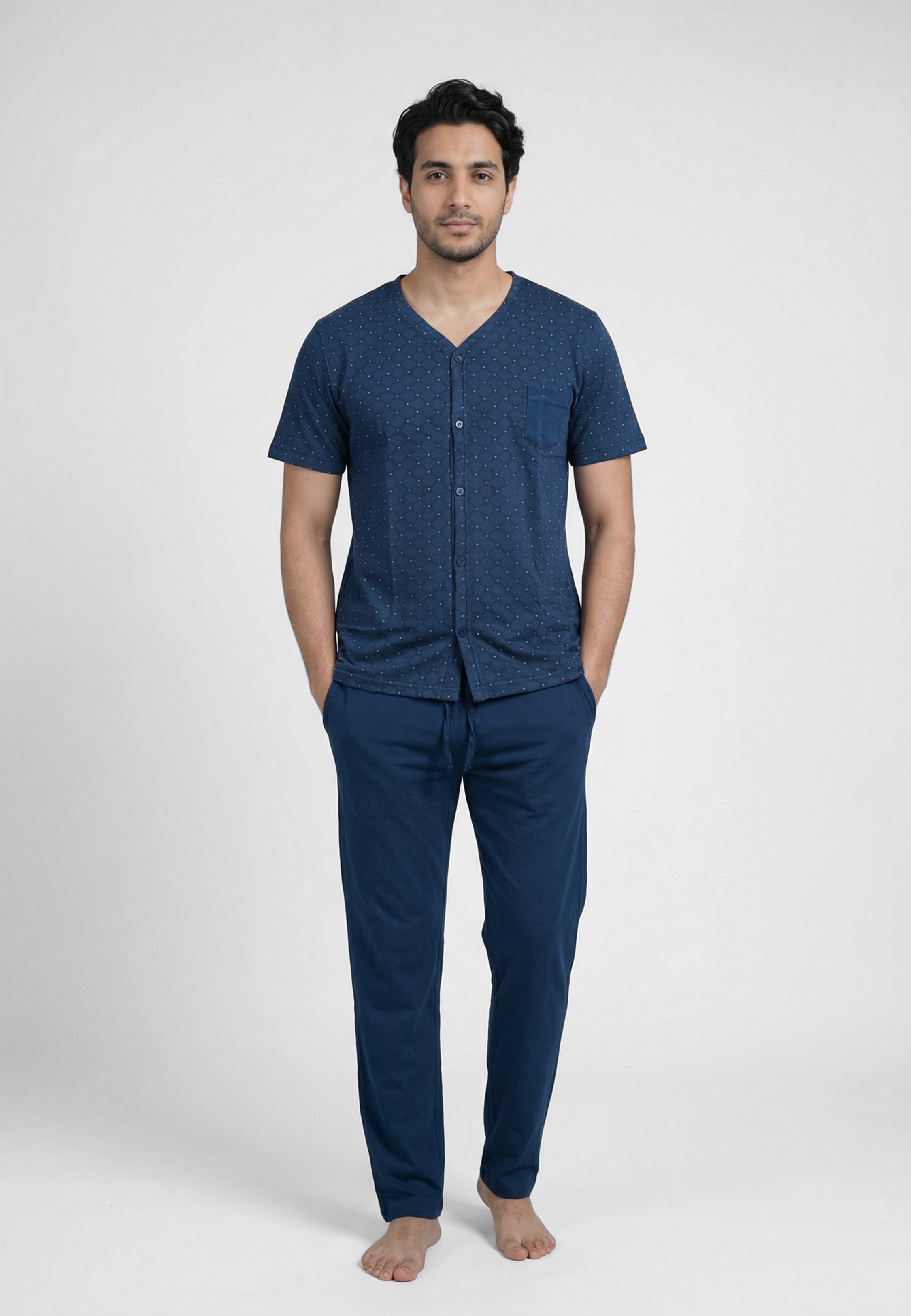 Pyjama homme bleu marine à motif avec haut boutonné en coton et pantalon long assorti