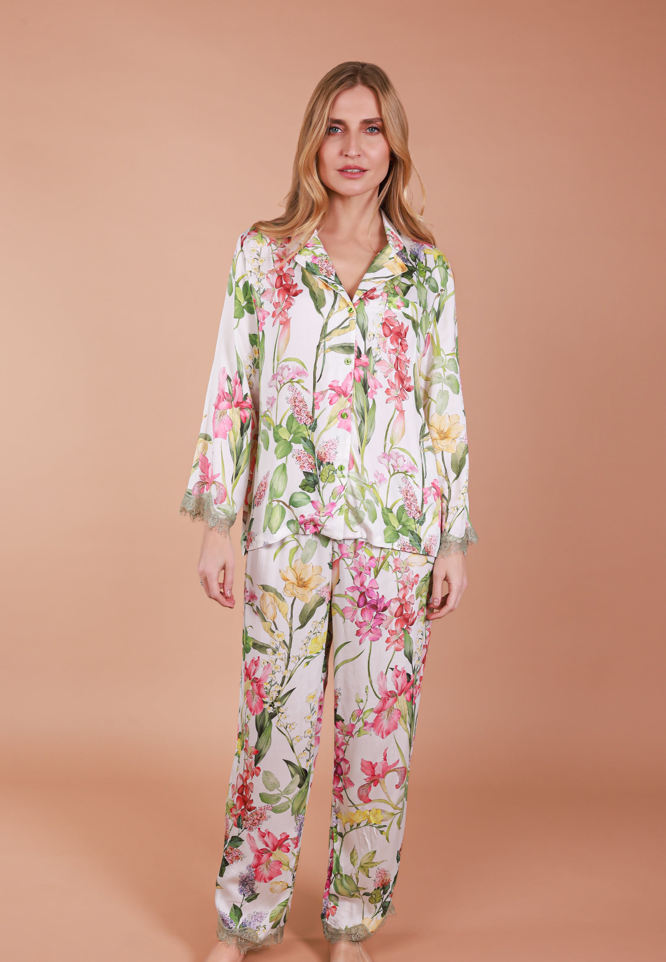 Pyjama Floral avec Finition Dentelle Kaki | Collection Floral Print