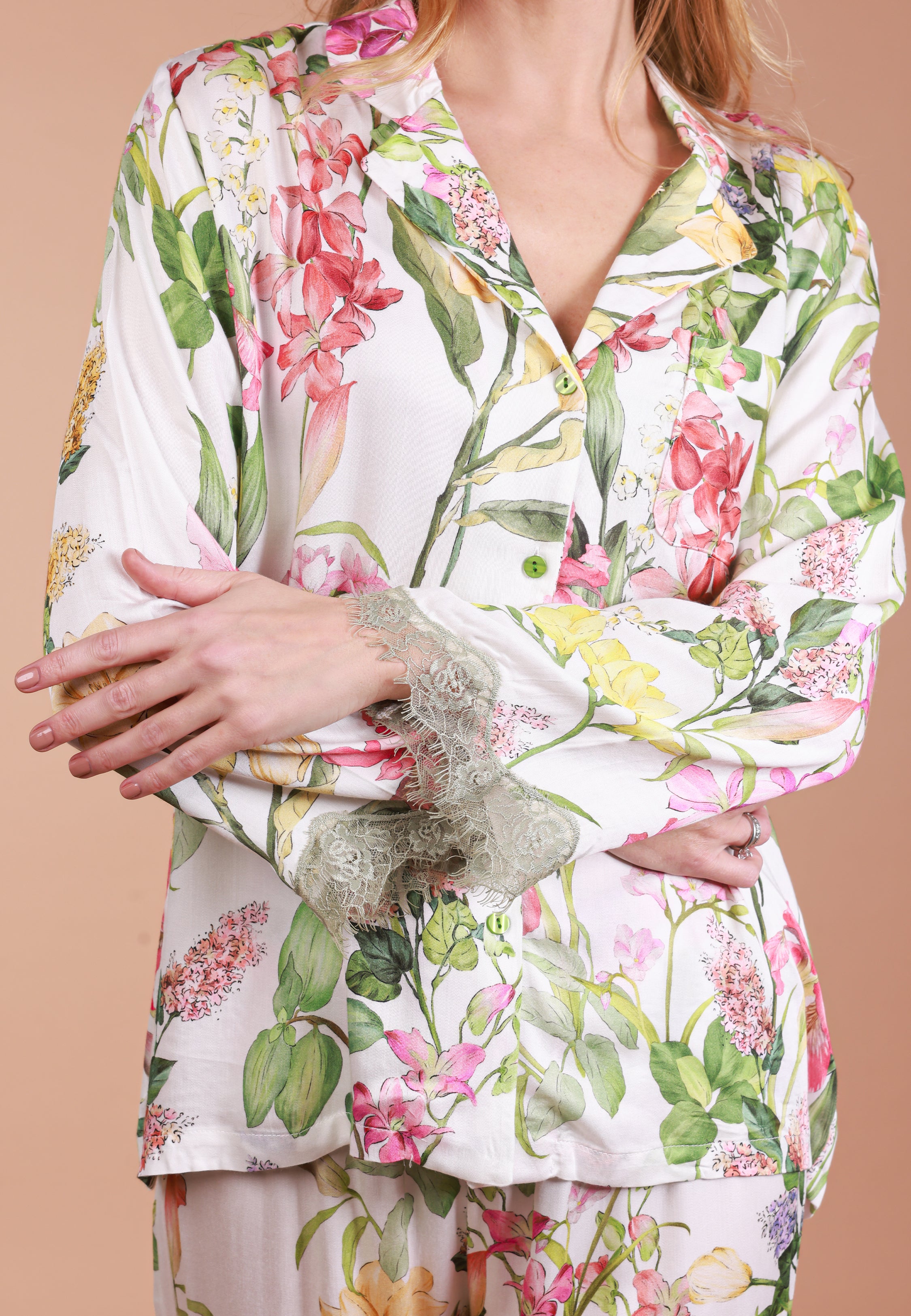 Pyjama Floral avec Finition Dentelle Kaki | Collection Floral Print