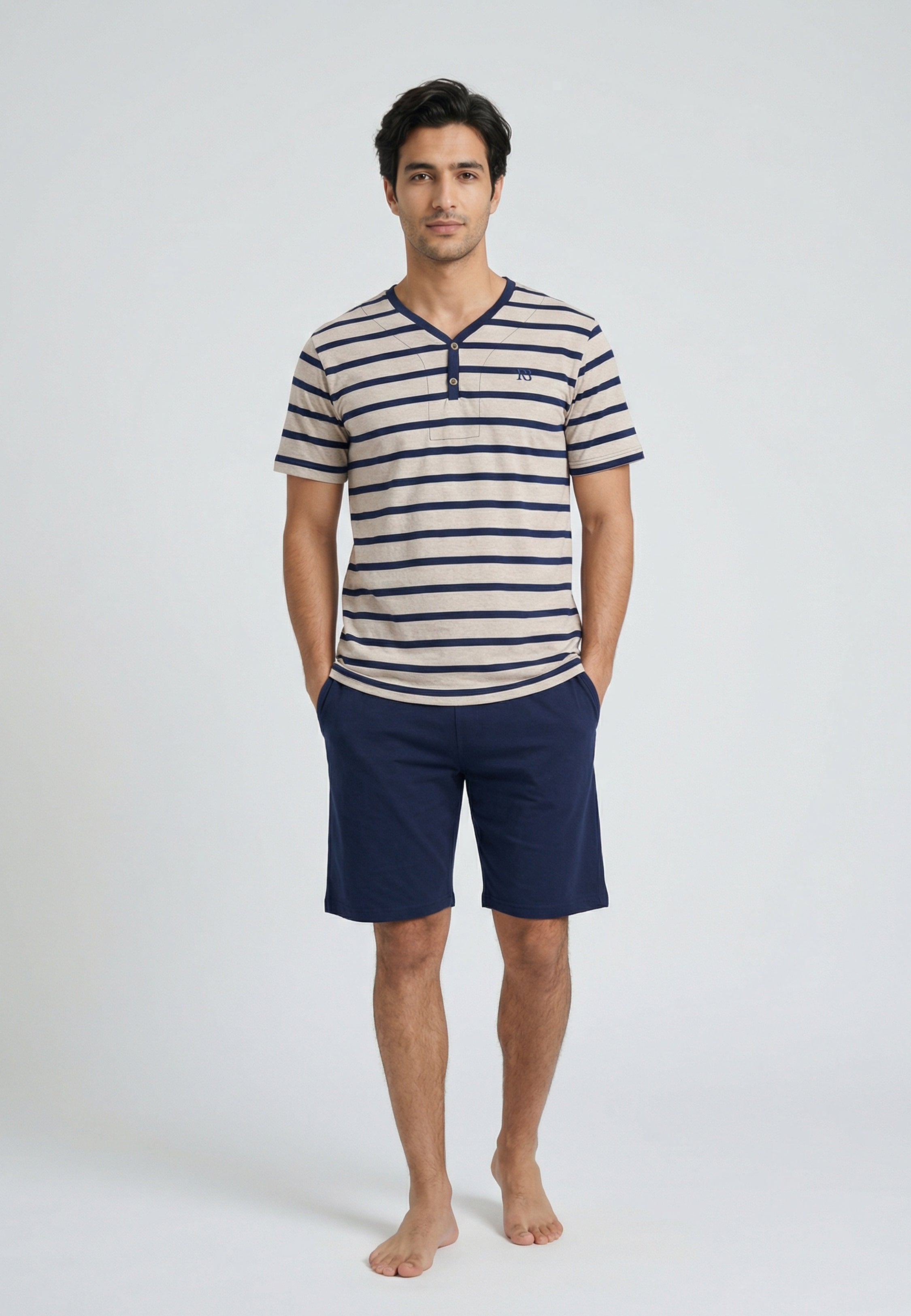 Pyjama homme beige à rayures bleu marine avec short bleu marine assorti