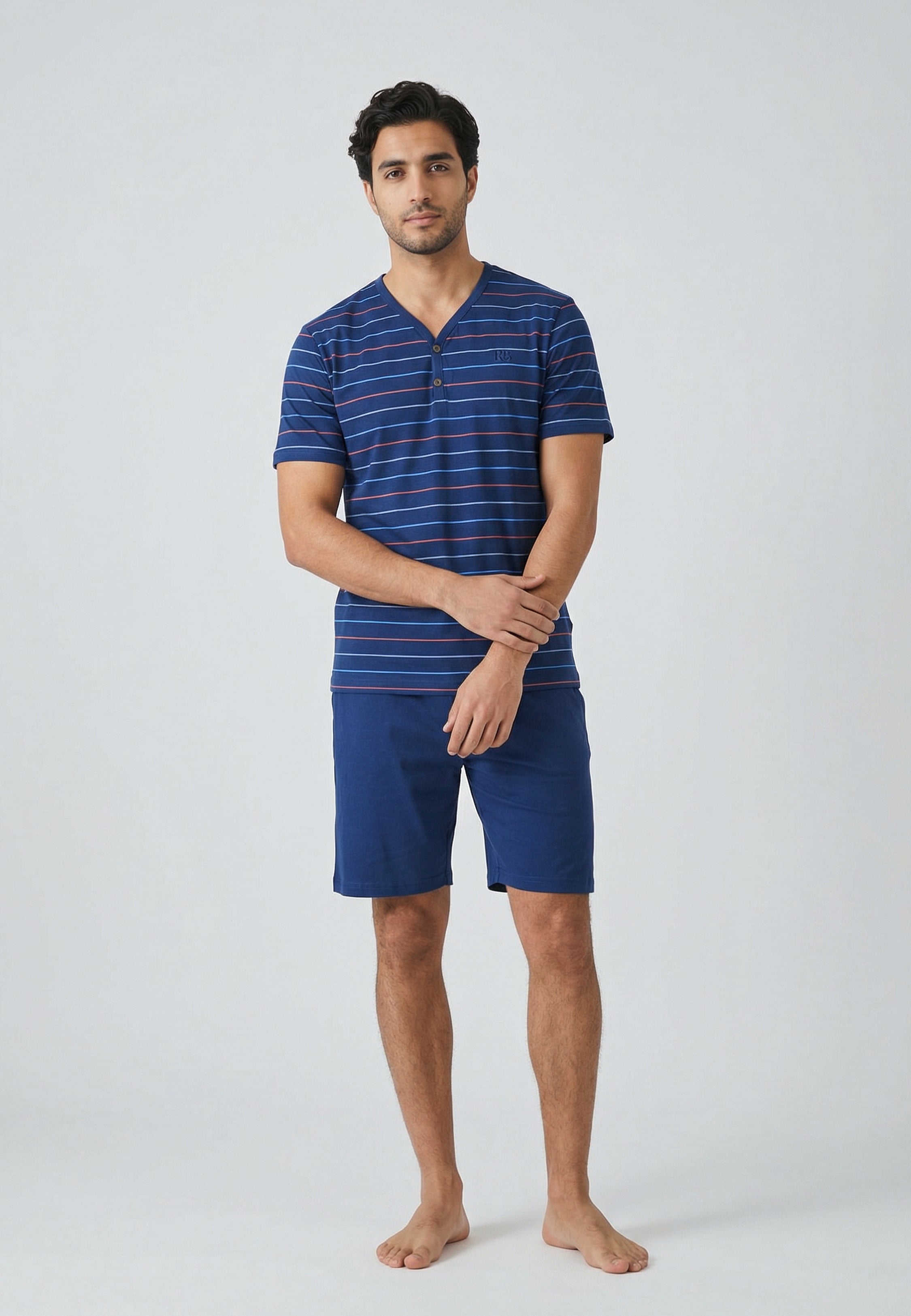 Pyjama homme bleu marine rayé avec short bleu marine assorti