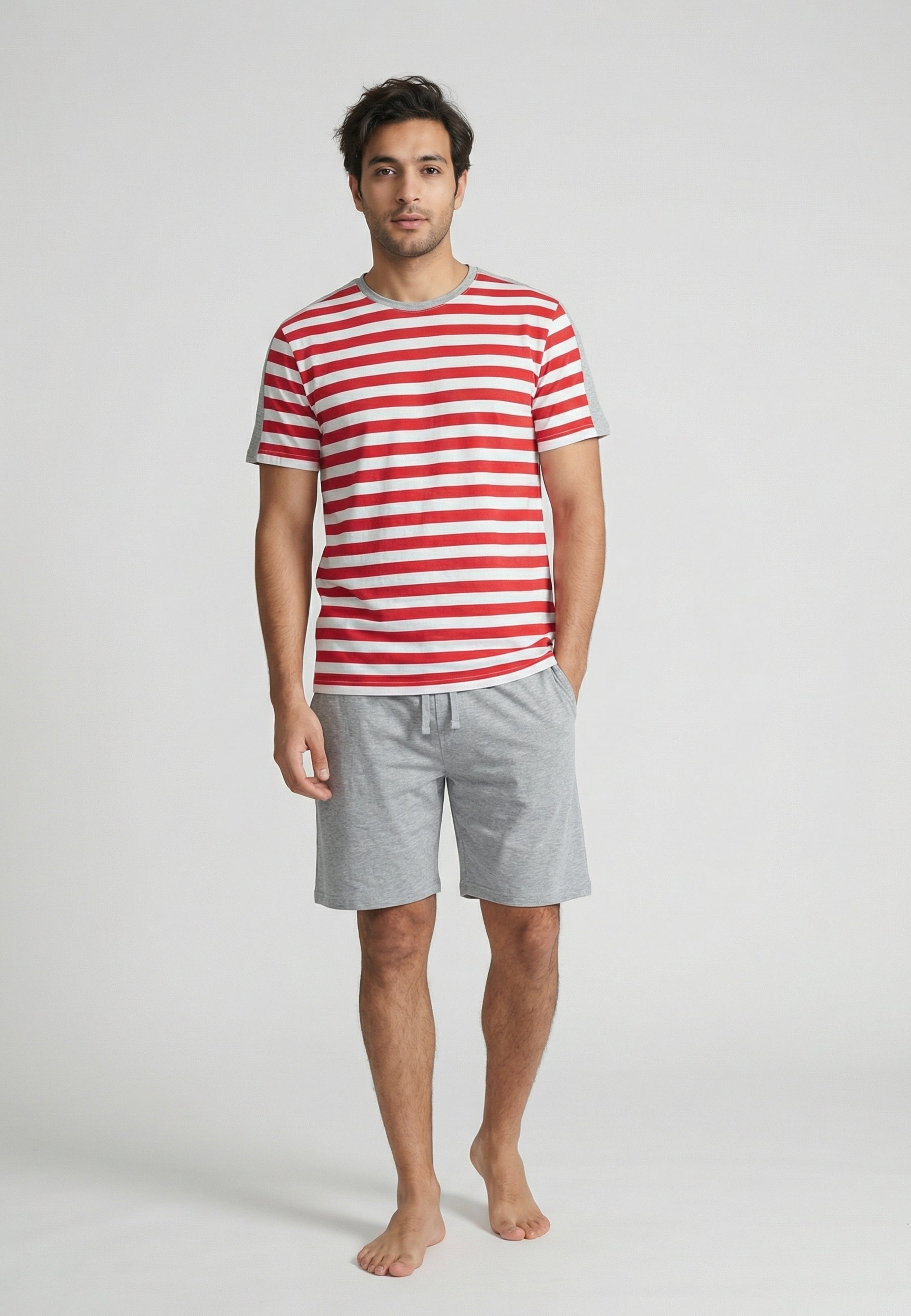 Pyjama homme rouge et blanc rayé avec short gris clair