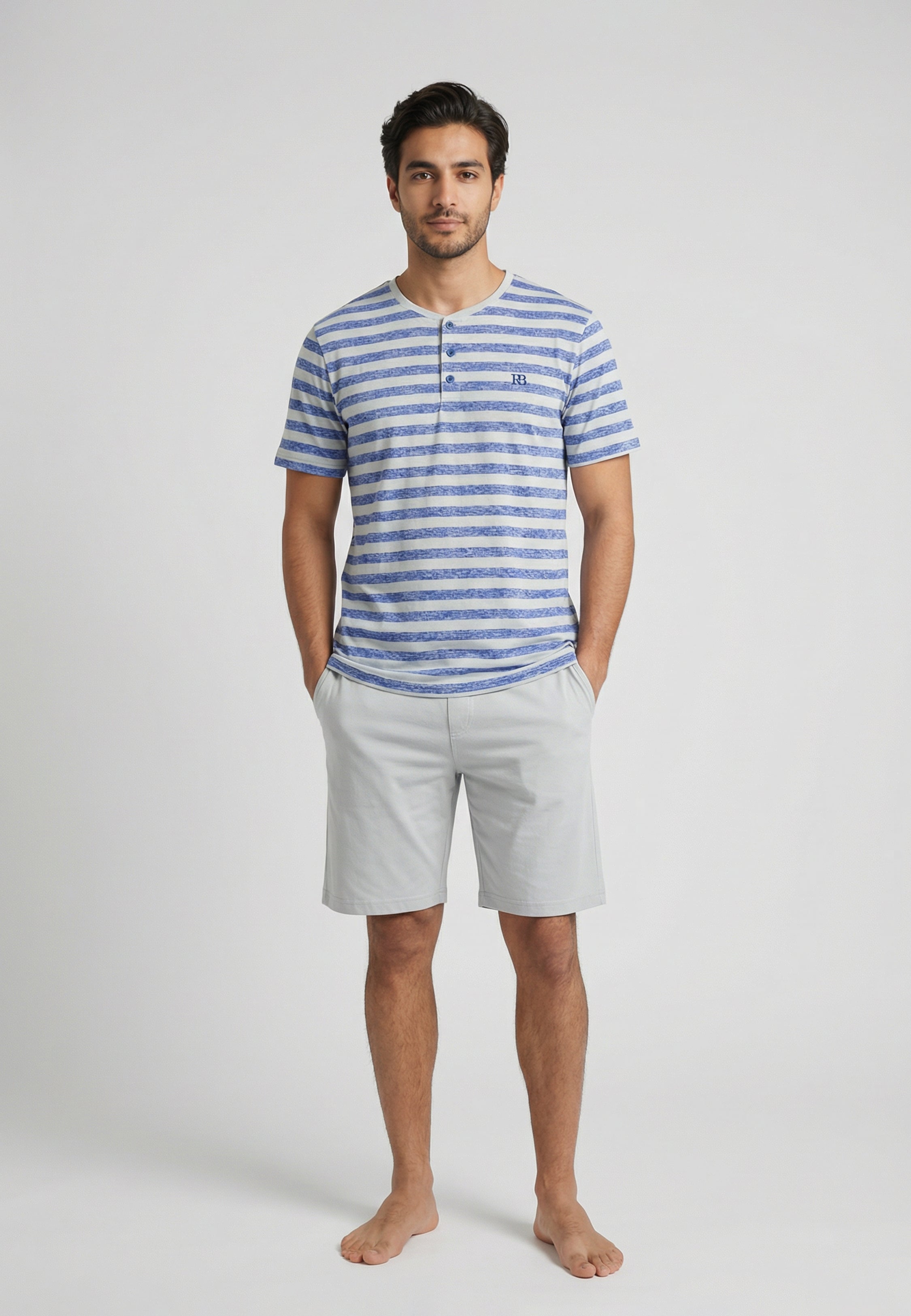 Pyjama homme bleu et blanc rayé avec short gris clair