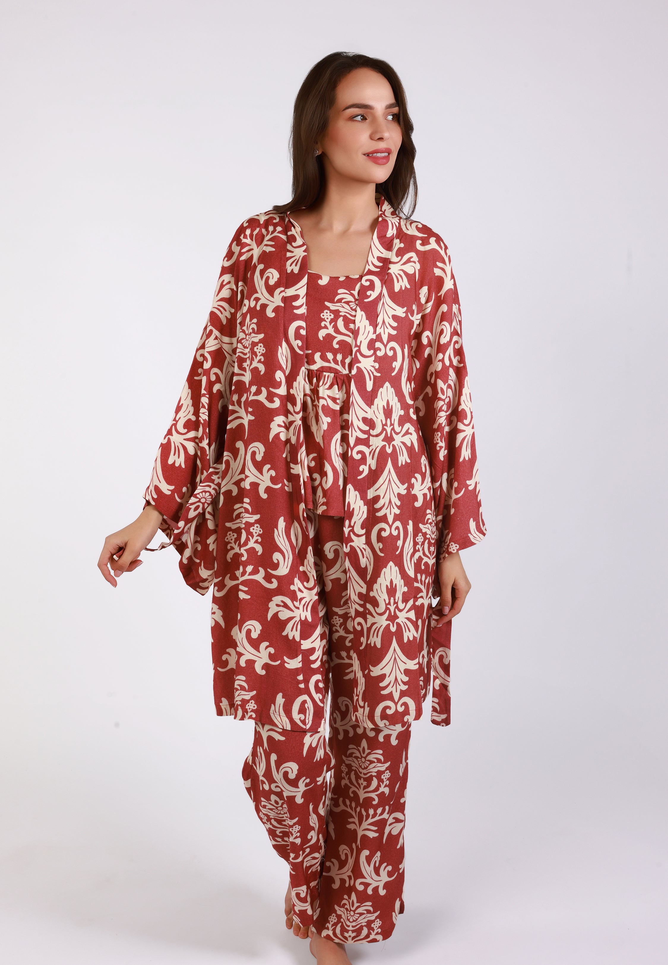 Kimono imprimé baroque brique et crème