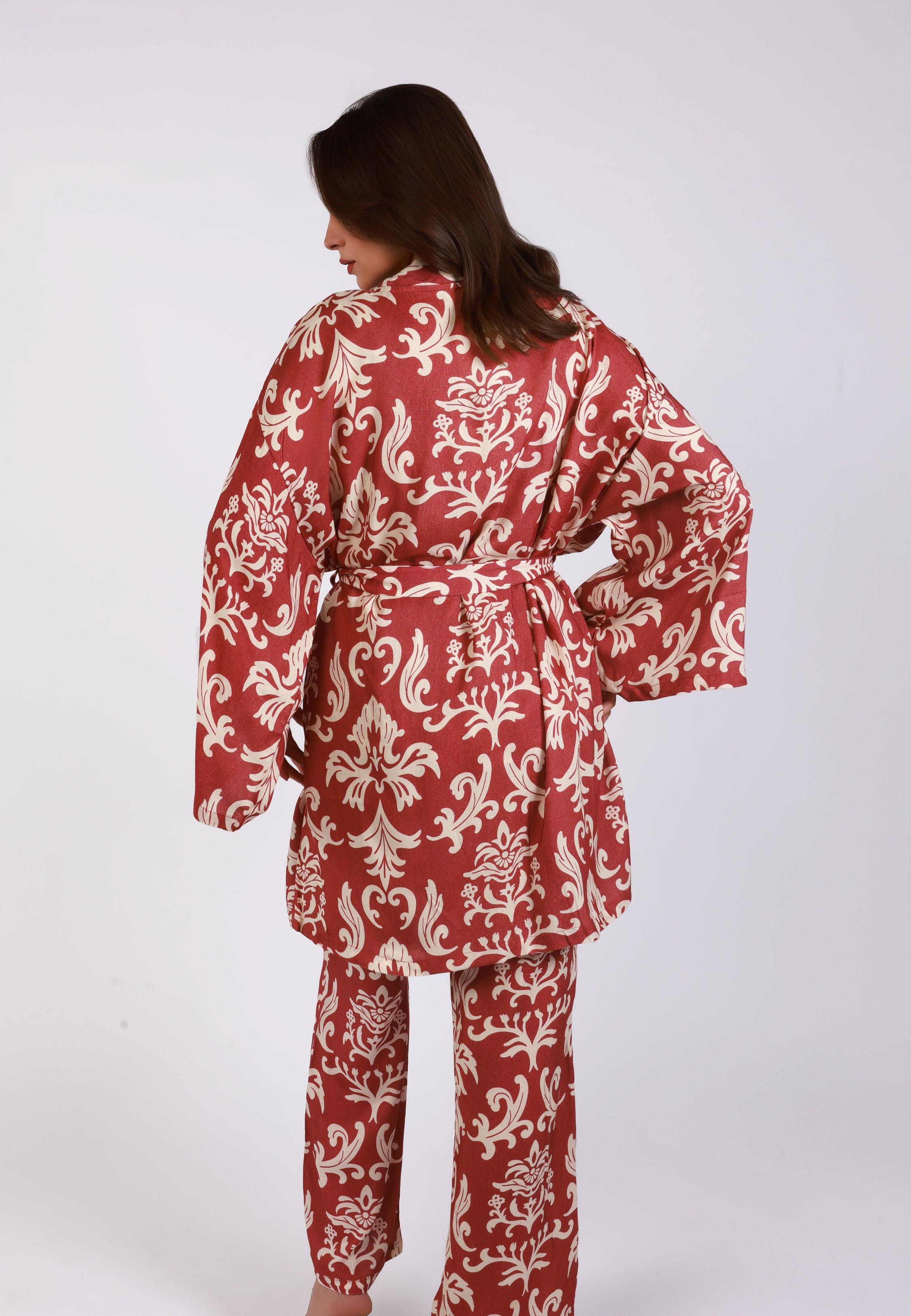 Kimono imprimé baroque brique et crème