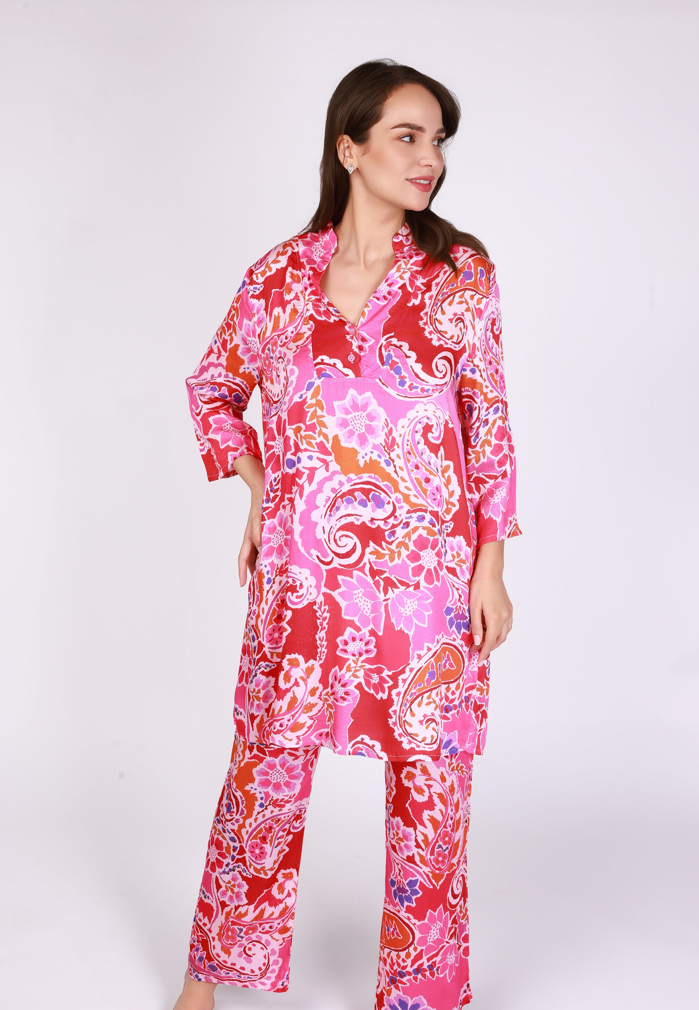 Ensemble pyjama fleuri multicolore tunique longue et pantalon | Collection Indian Ethnic