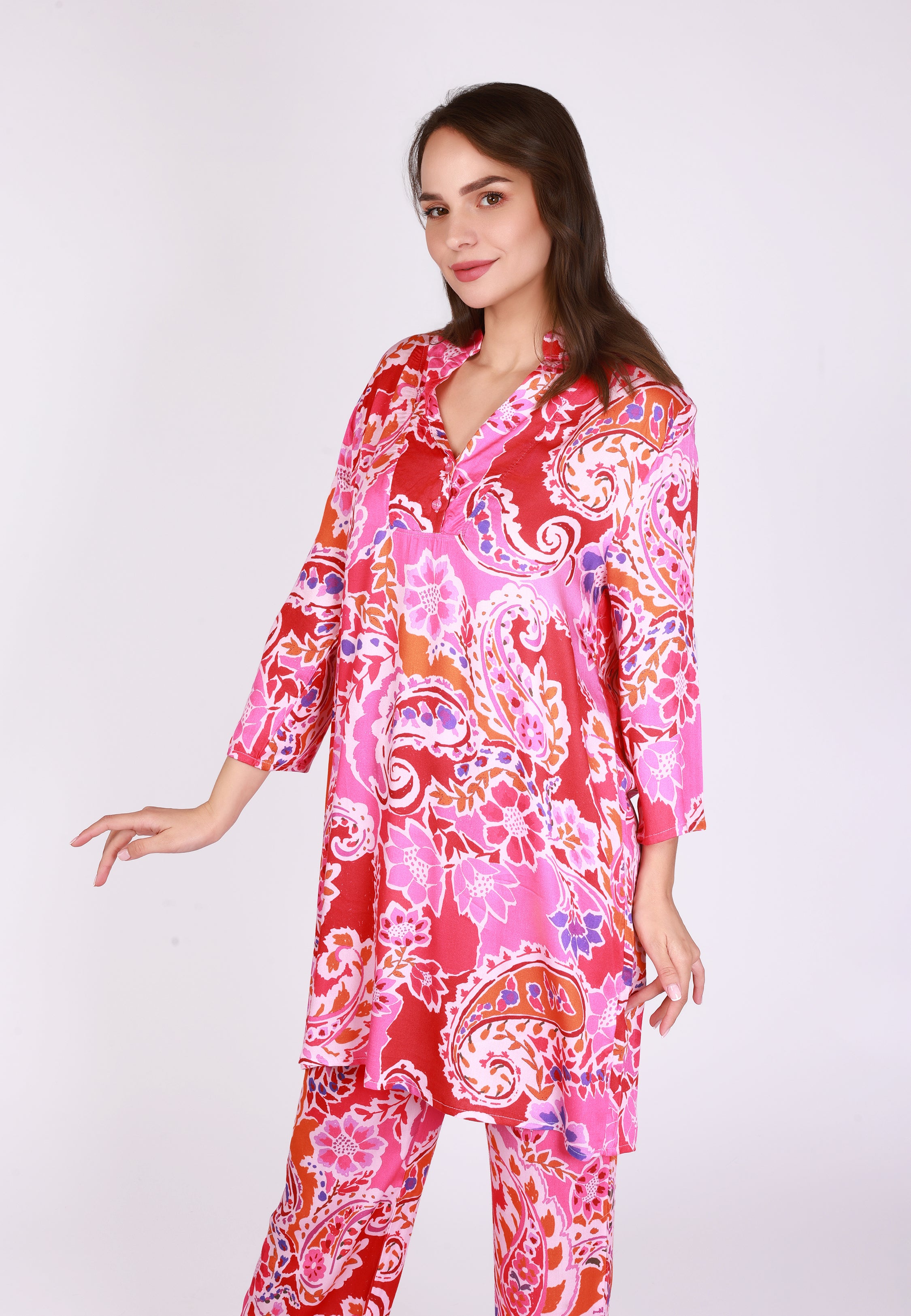 Ensemble pyjama fleuri multicolore tunique longue et pantalon | Collection Indian Ethnic